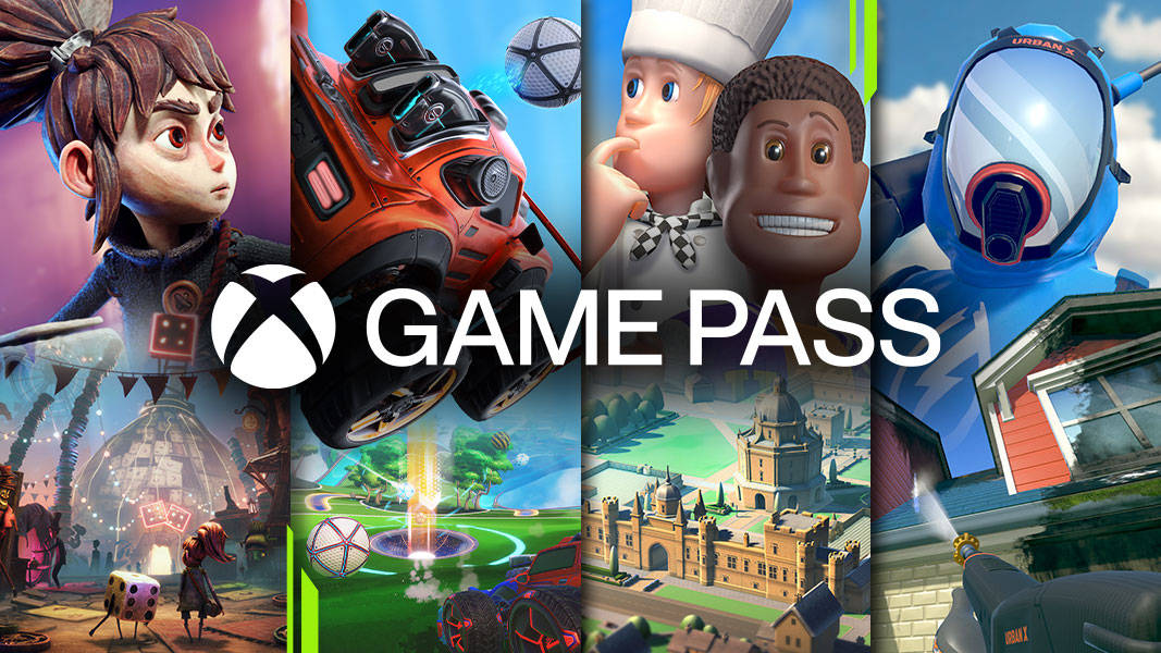 Xbox 桌布 壁紙 — 充滿活力的 Xbox Game Pass 遊戲拼貼，以色彩繽紛的風格化藝術呈現動畫角色和遊戲場景。