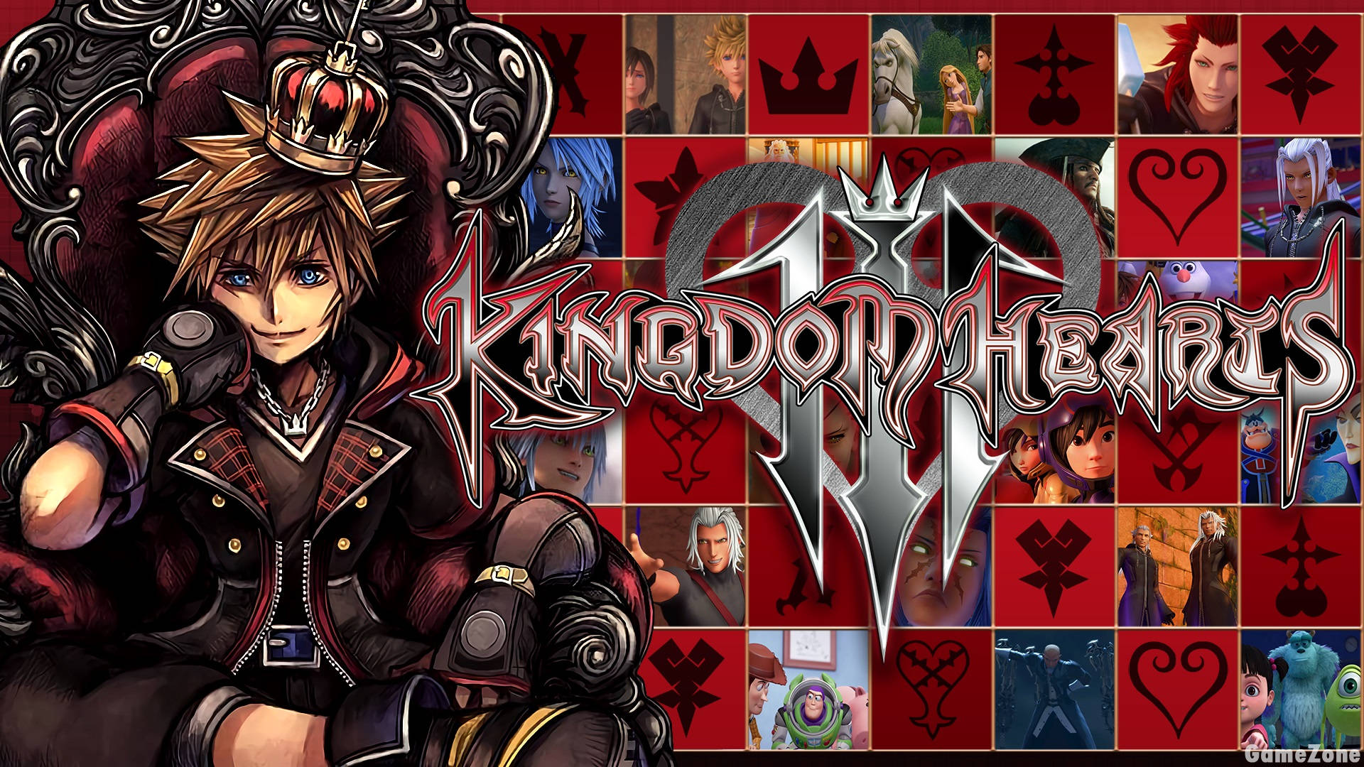 Kingdom Hearts 3 桌布 壁紙 — 充滿活力的《王國之心 III》宣傳桌布，索拉以王者姿態坐在紅色網格背景上，網格中排列著角色肖像和標誌性符號。