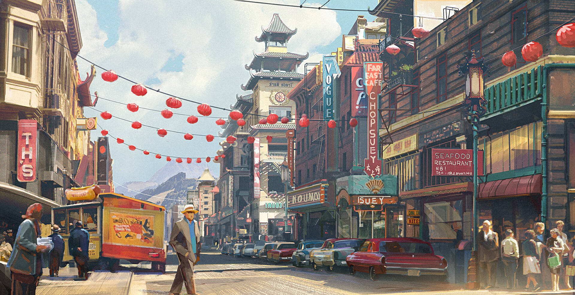 Chinatown 桌布 壁紙 — 充滿活力的1950年代唐人街街道，行人熙熙攘攘，復古汽車和紅色燈籠懸掛在歷史建築之間，天空湛藍明亮。