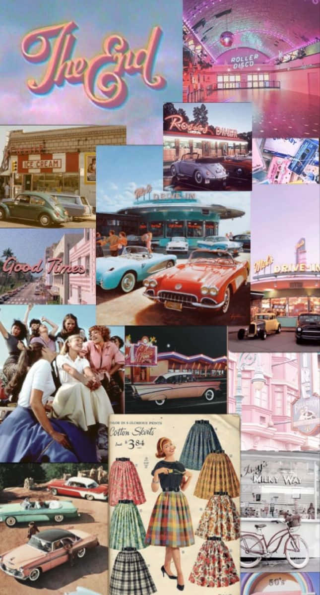 50s 桌布 壁紙 — 充滿活力的1950年代美國風情拼貼畫，以復古汽車、餐館、復古時尚和霓虹燈招牌為特色，背景是柔和色調的天空。