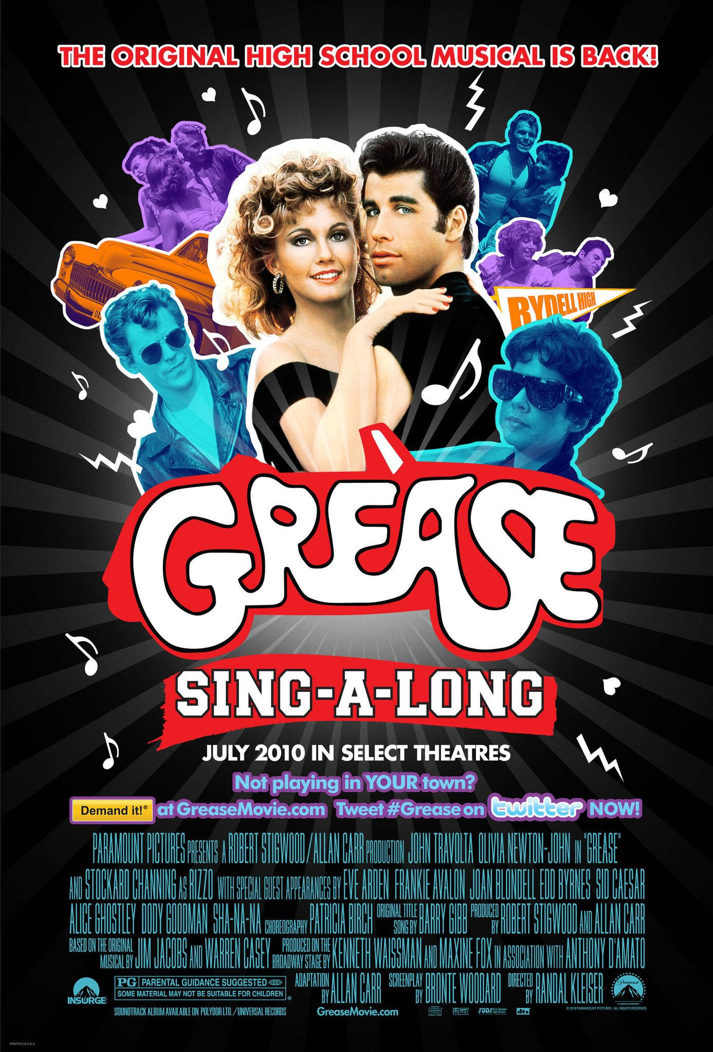 Grease 桌布 壁紙 — 充滿活力的1950年代音樂海報，為Grease Sing-A-Long而設，主角以鮮明色彩呈現，背景為黑色放射狀，配有音符和汽車剪影。