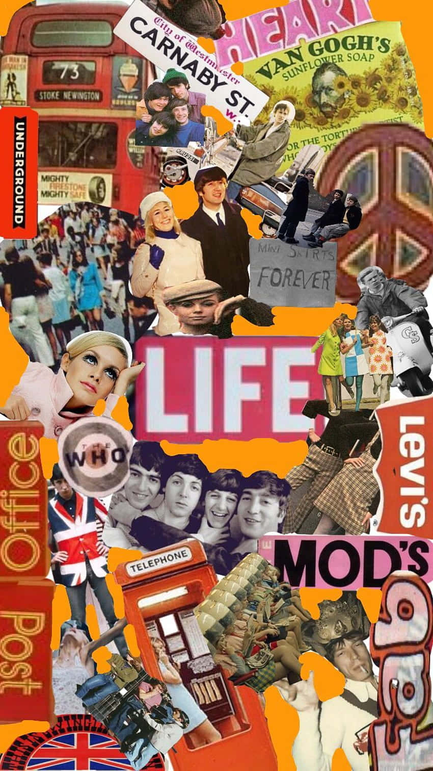 Vintage Collage 桌布 壁紙 — 充滿活力的1960年代倫敦拼貼畫，以摩斯文化圖標、紅色電話亭和迷幻海報為特色，背景為大膽的橙色。
