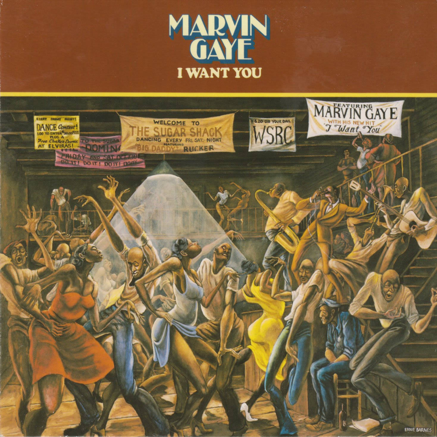Marvin Gaye 桌布 壁紙 — 充滿活力的1960年代夜總會場景插圖，舞者和音樂家在閃爍的燈光下表演。