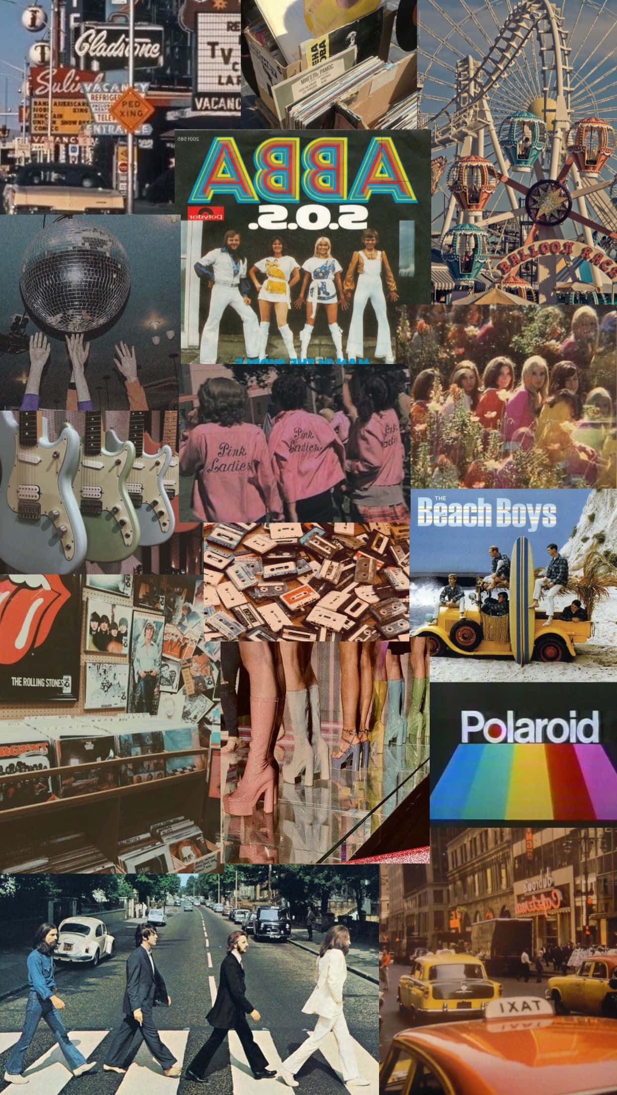 Vintage Collage 桌布 壁紙 — 充滿活力的1970年代音樂拼貼， featuring ABBA、海灘男孩、滾石樂隊和艾比路斑馬線，標誌性的流行文化時刻。