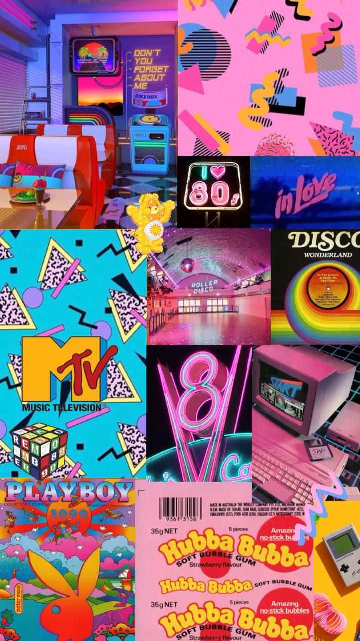 80s iPhone 桌布 壁紙 — 充滿活力的1980年代復古拼貼畫，以螢光粉紅迪斯可、MTV標誌、復古科技和幾何圖案中的泡泡糖包裝為特色。