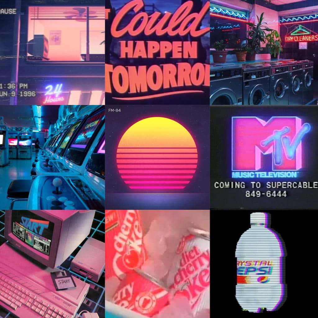 Aesthetic Retro 桌布 壁紙 — 充滿活力的1980年代復古拼貼畫，以飽和的粉紅、藍色和黃色色調呈現霓虹燈牌、街機遊戲、復古科技和汽水廣告。