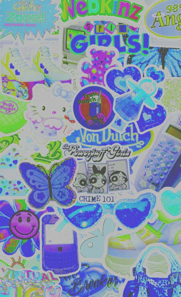 Cyber Y2k 桌布 壁紙 — 充滿活力的2000年代流行文化貼紙拼貼， featuring Hello Kitty、飛天小女警和霓虹閃粉設計。