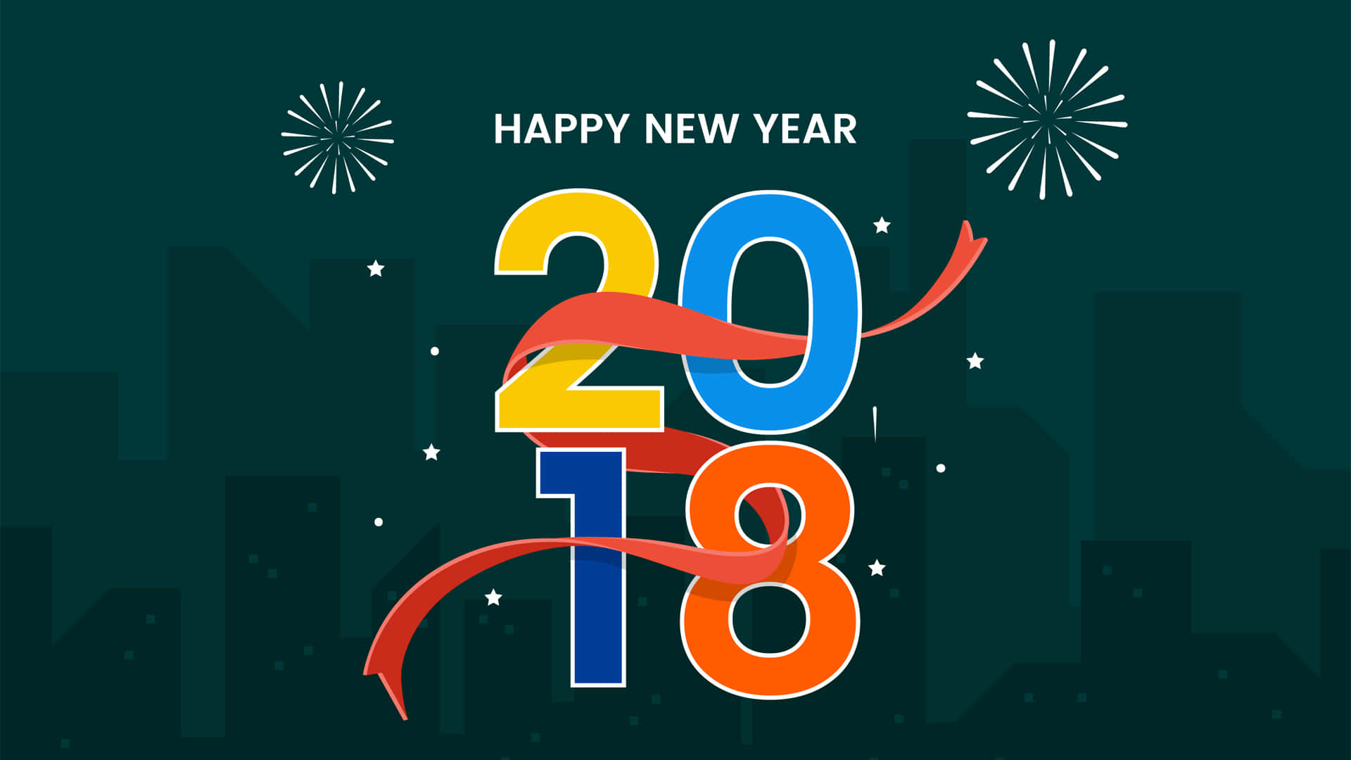 2018 桌布 壁紙 — 充滿活力的2018年新年圖形，色彩繽紛的數字和煙火映襯著黑暗的城市天際線。
