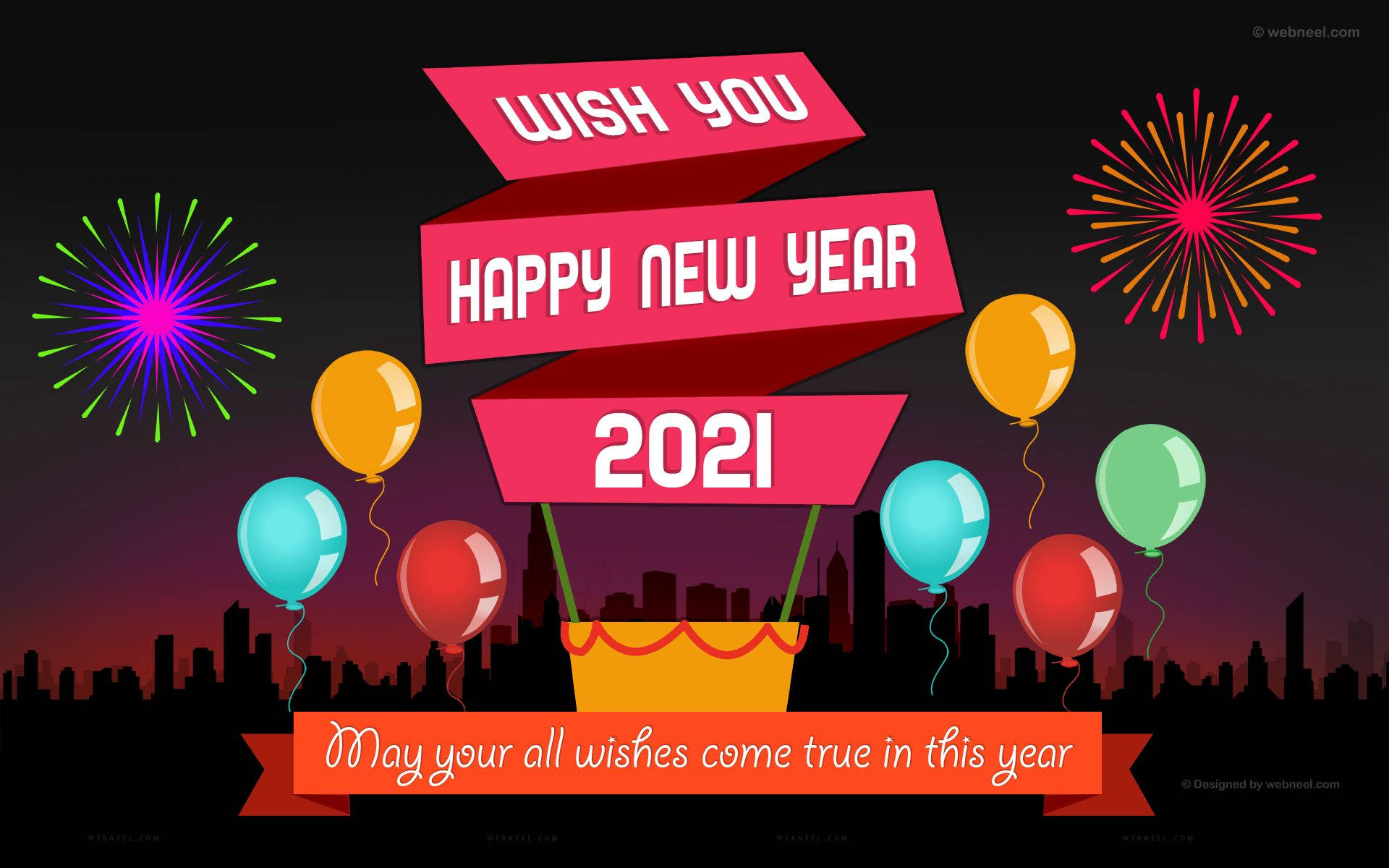 新年快樂 桌布 壁紙 — 充滿活力的2021年新年慶祝圖案，配有彩色氣球、煙火和暮色天空下的城市天際線。