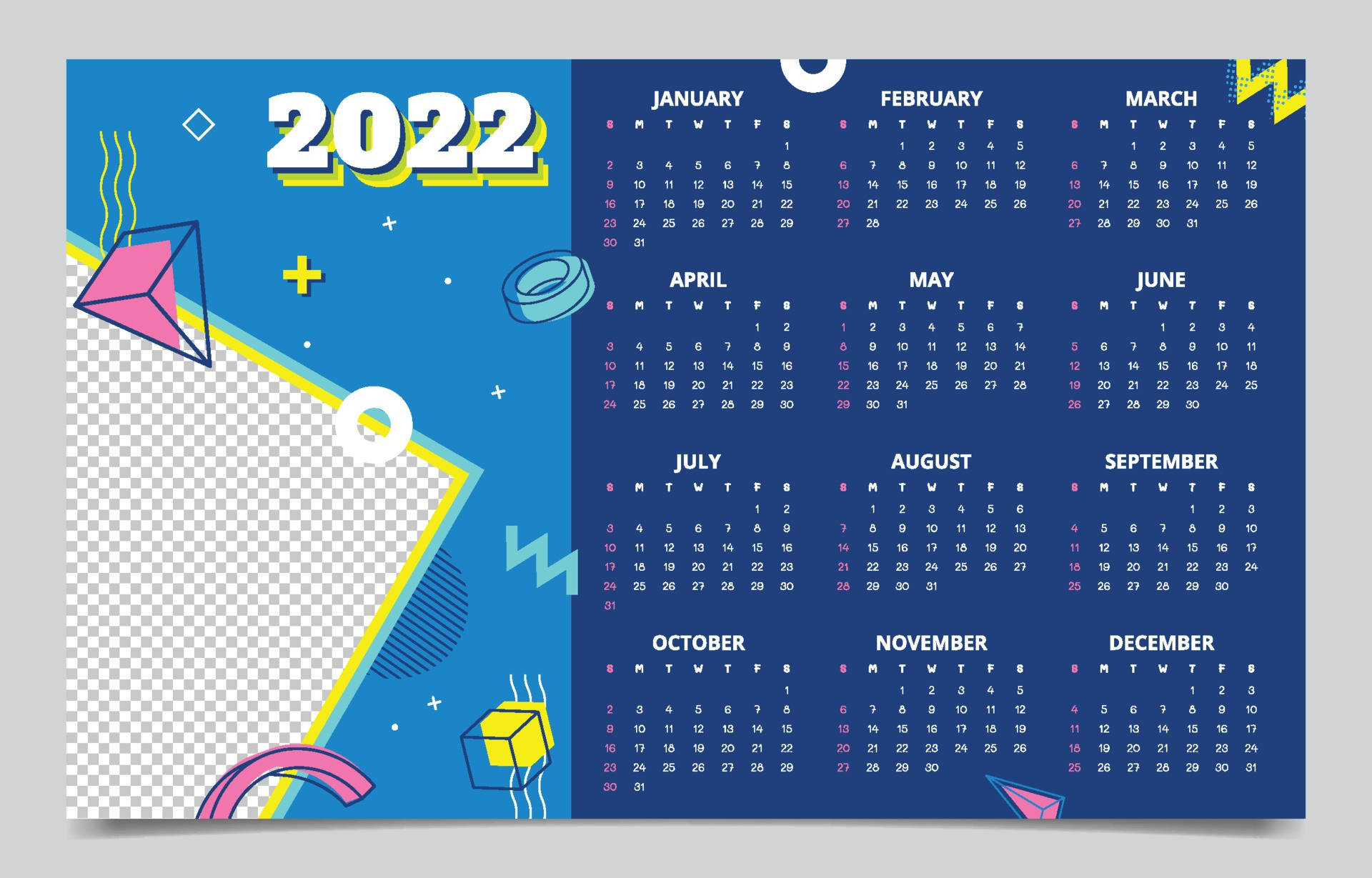 月曆 桌布 壁紙 — 充滿活力的2022年日曆，帶有鮮明的幾何形狀和復古霓虹色調，背景為藍色。
