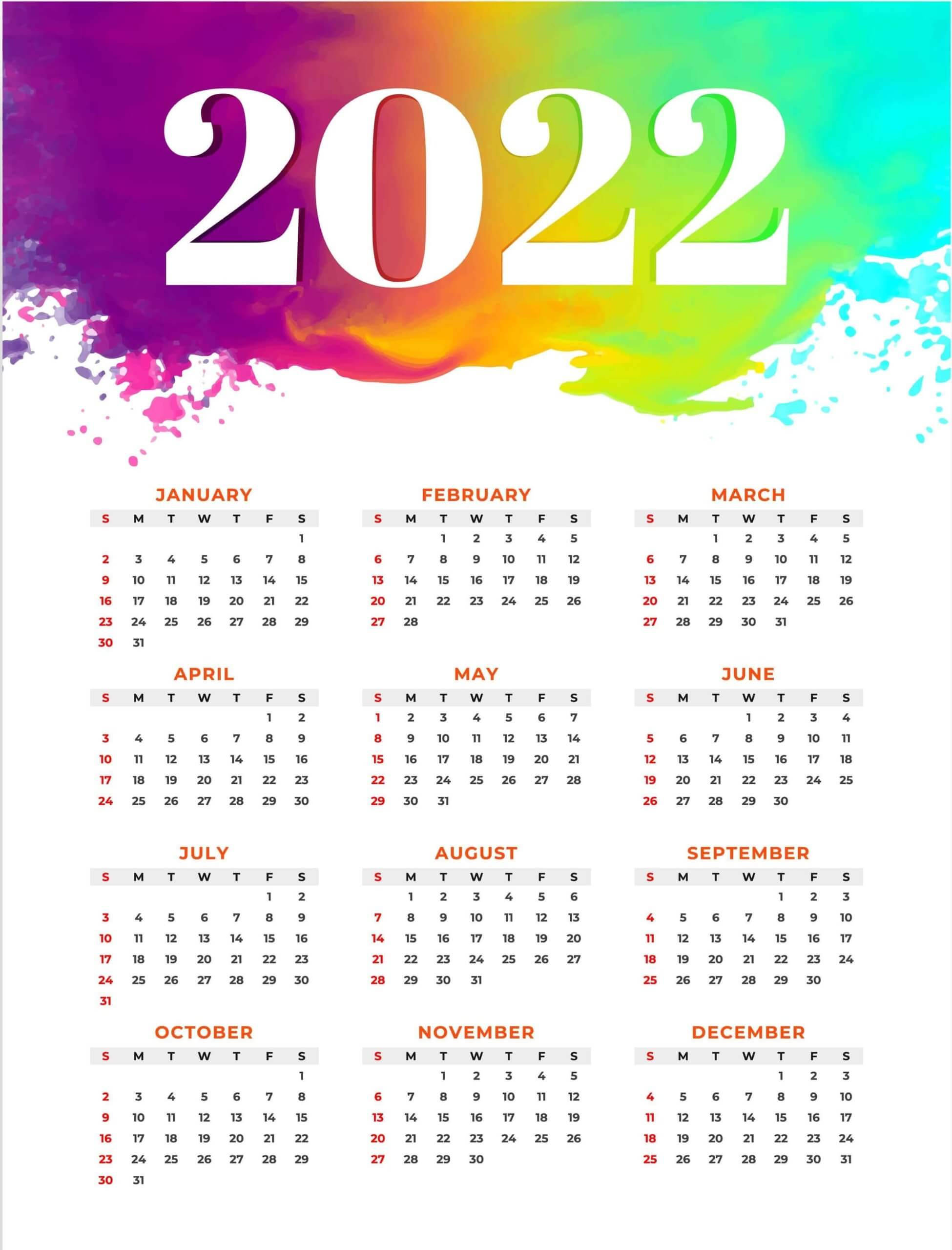 Calendar 桌布 壁紙 — 充滿活力的2022年月曆，以粗體白色數字搭配色彩繽紛的水彩潑濺背景。
