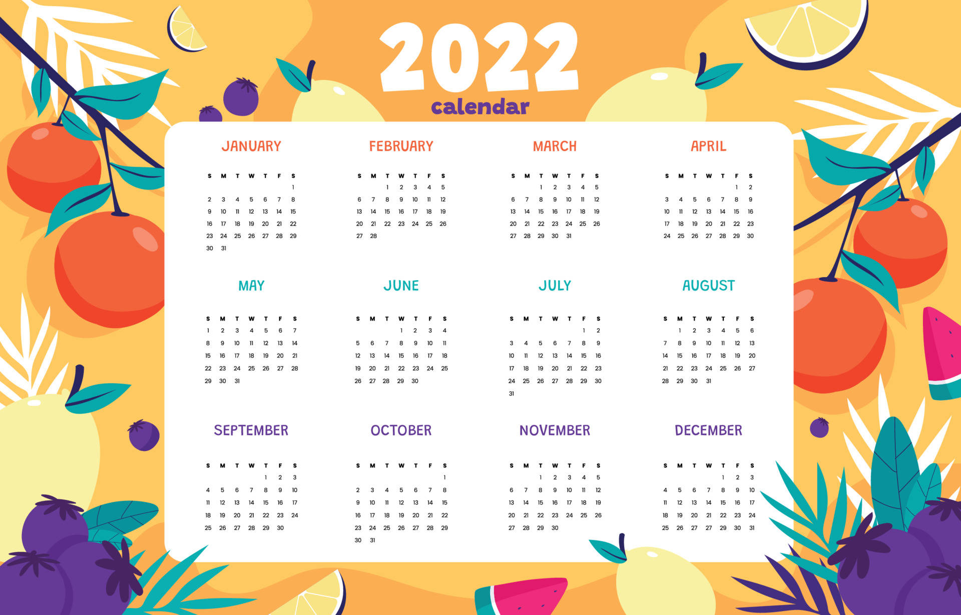 Calendar 桌布 壁紙 — 充滿活力的2022年月曆，周圍環繞著熱帶水果和葉子，背景為溫暖的橙色。