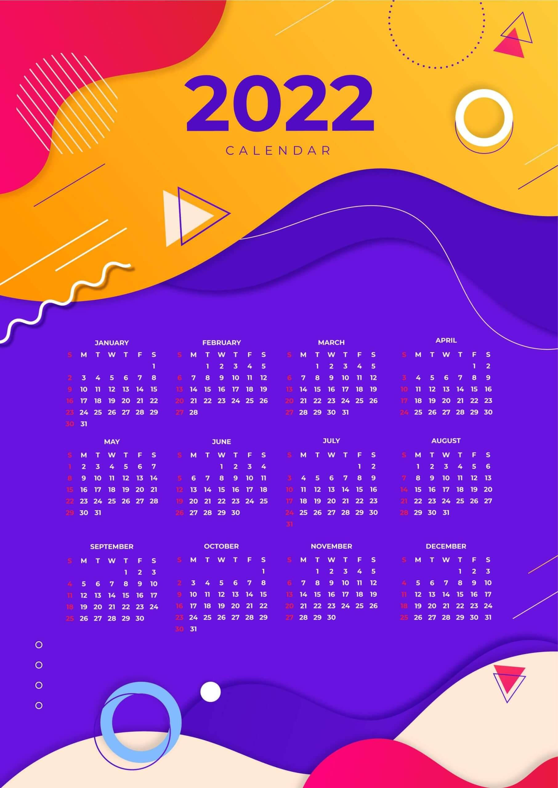 Calendar 桌布 壁紙 — 充滿活力的2022年月曆，採用大膽的幾何形狀和紫色、橙色、黃色的流暢漸變。