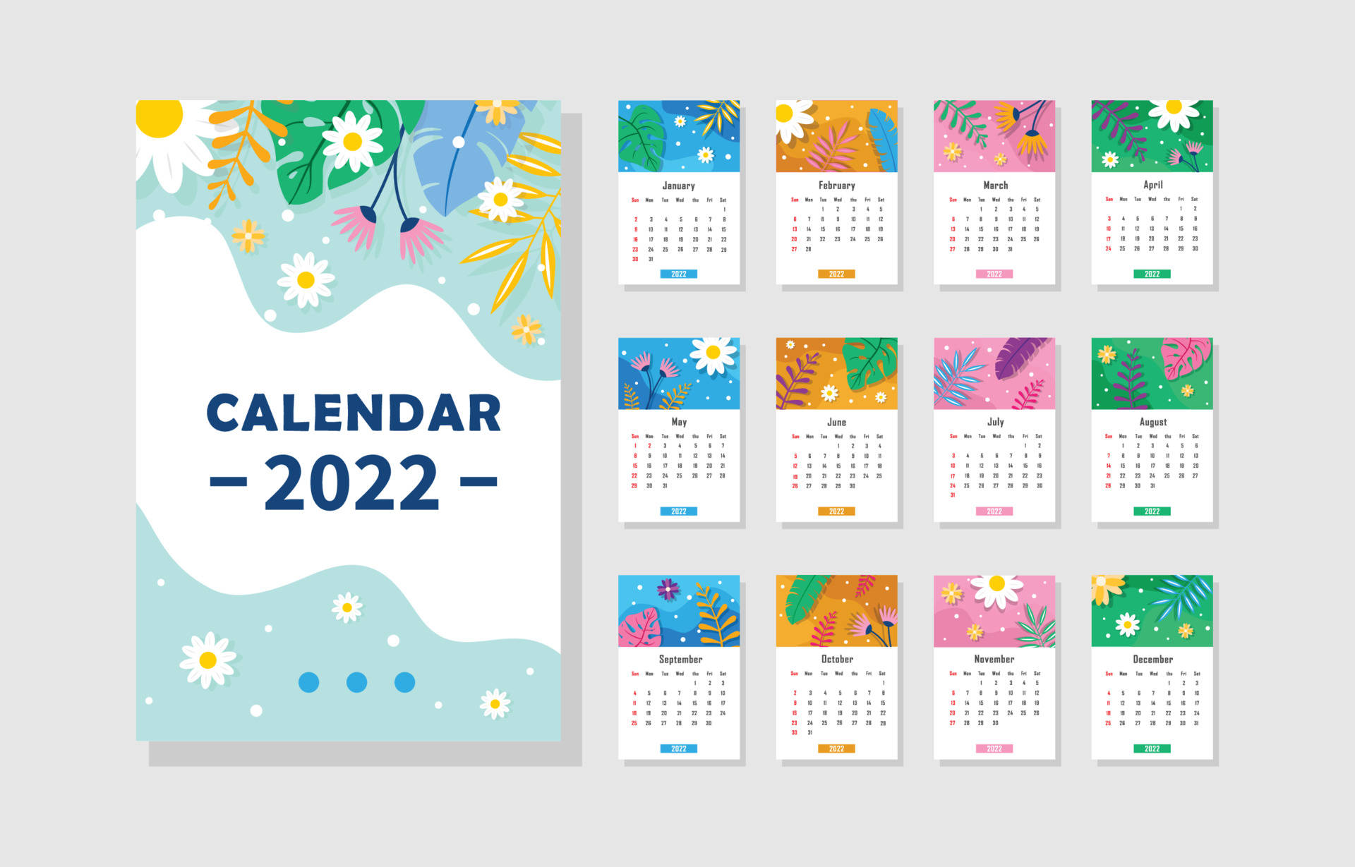 Calendar 桌布 壁紙 — 充滿活力的2022年月曆，每個月份頁面都有花卉插圖，裝飾封面以雛菊和葉子為特色。