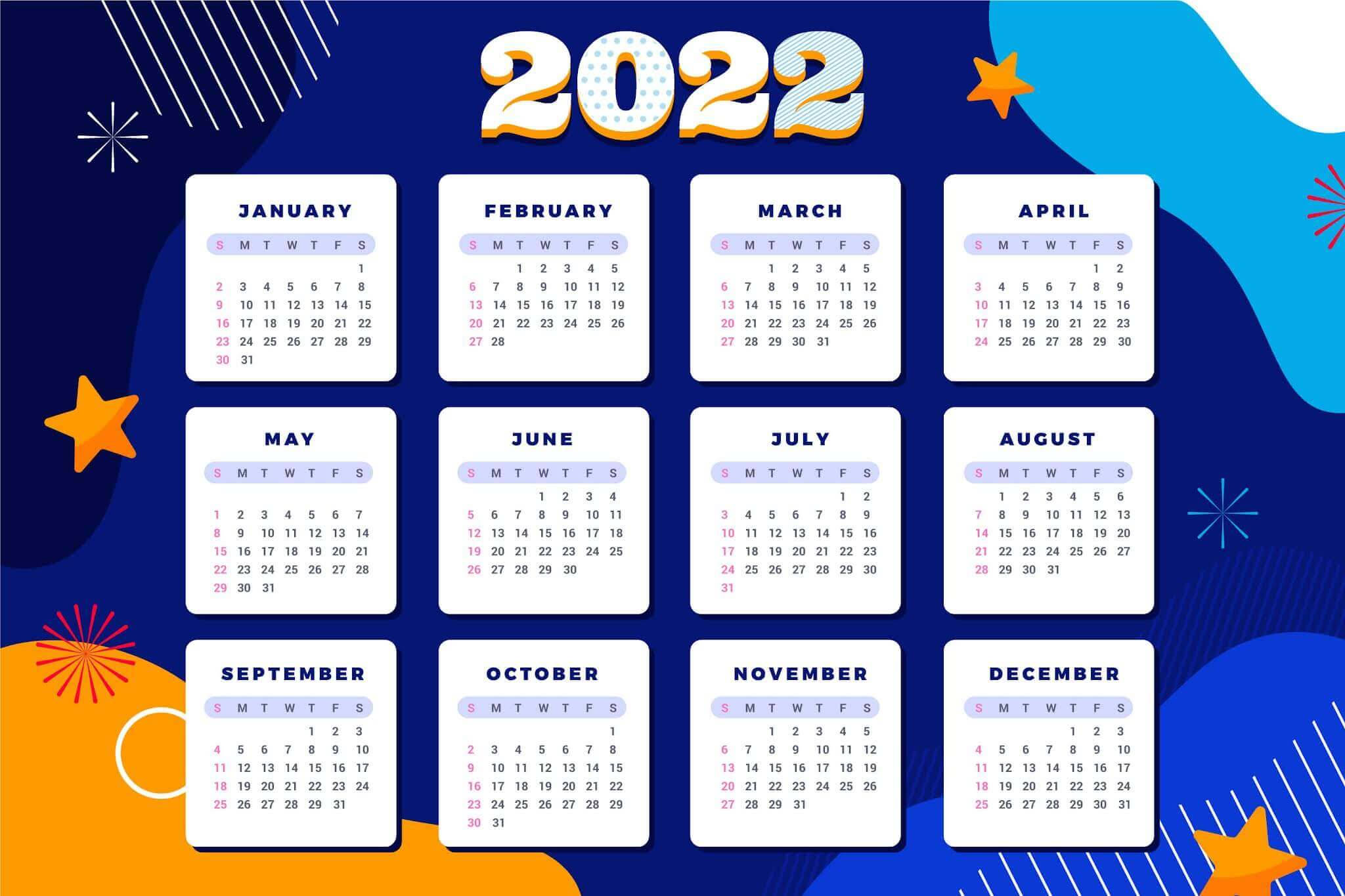 Calendar 桌布 壁紙 — 充滿活力的2022年月曆，深藍色背景上有色彩繽紛的抽象形狀和星星。