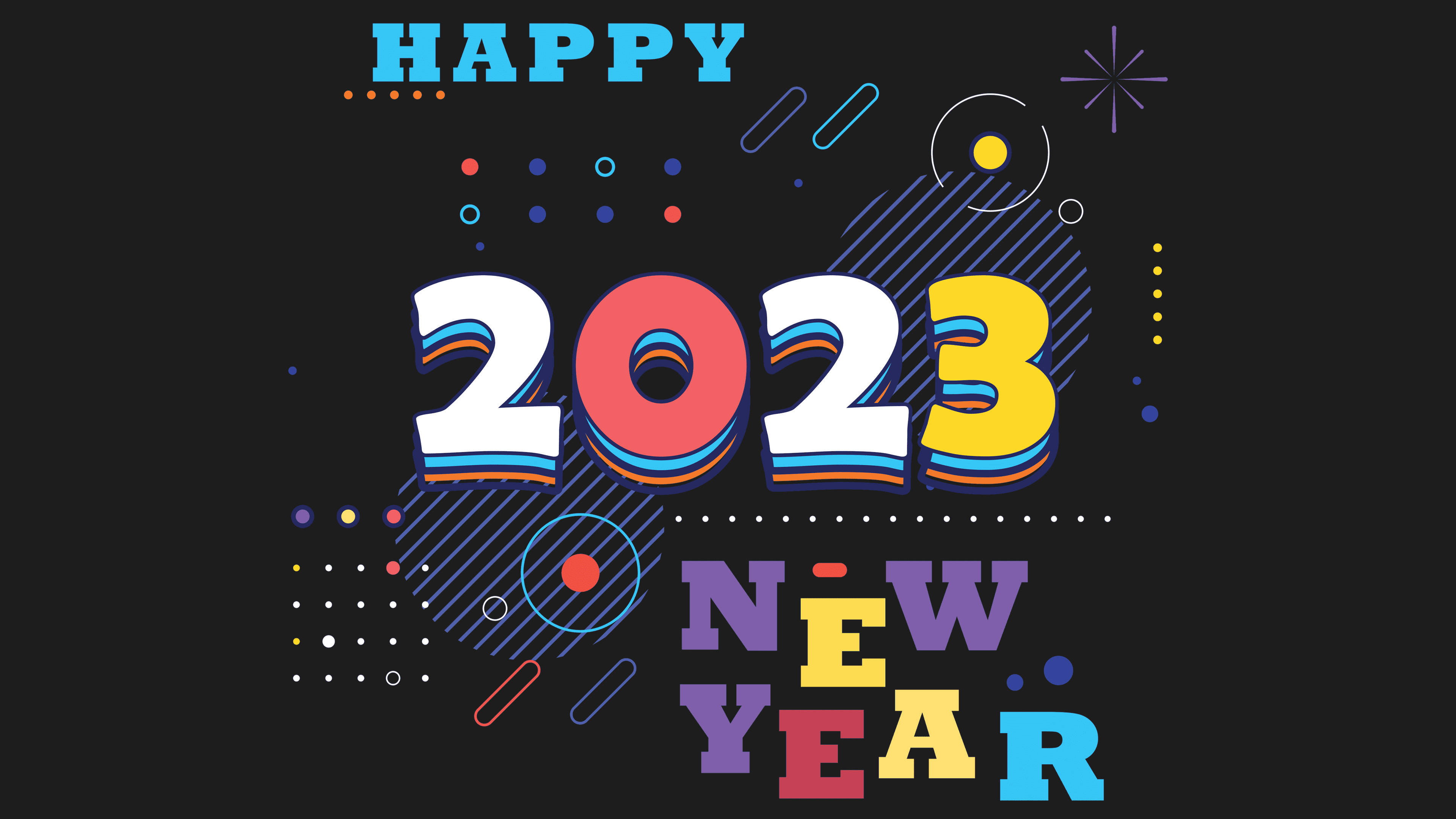 Greetings 桌布 壁紙 — 充滿活力的2023新年圖形，在深色背景上採用大膽多彩的字體和幾何形狀。
