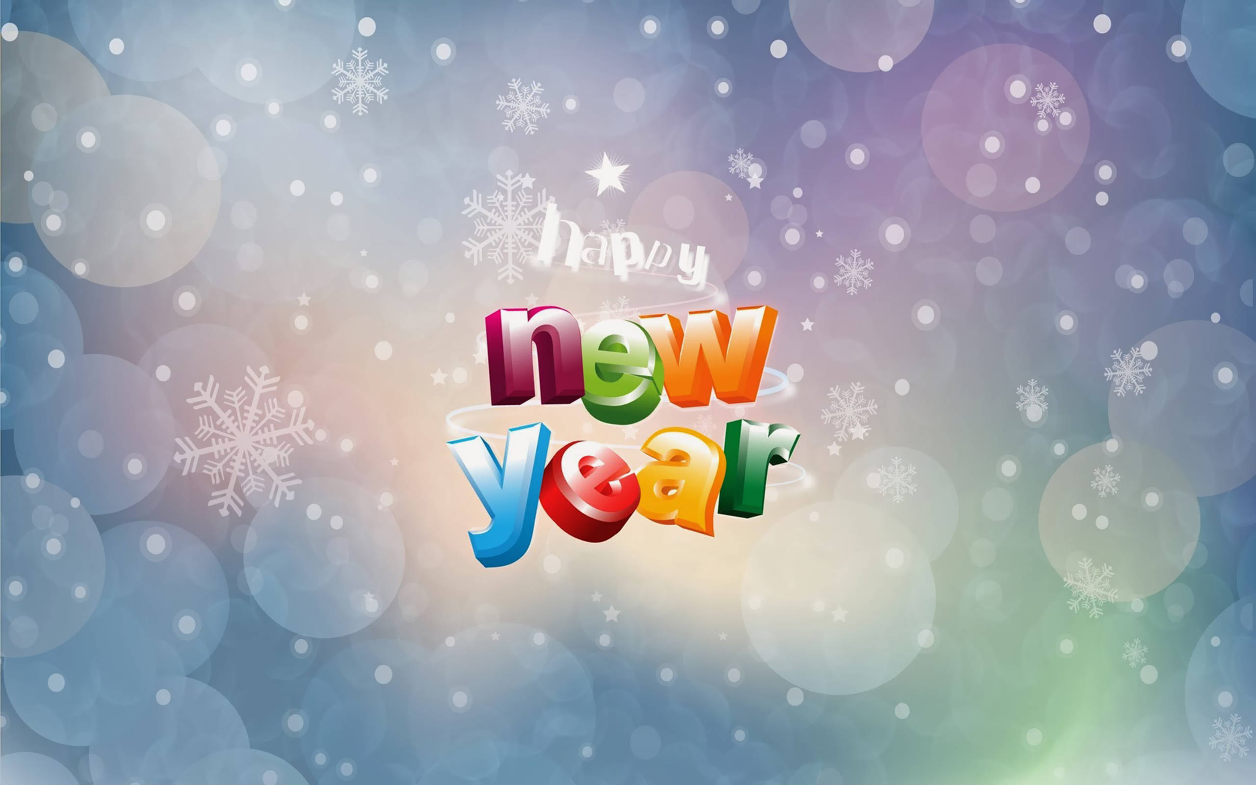 New 桌布 壁紙 — 充滿活力的3D「新年快樂」文字，搭配雪花和散景燈光，在漸變冬季背景上。