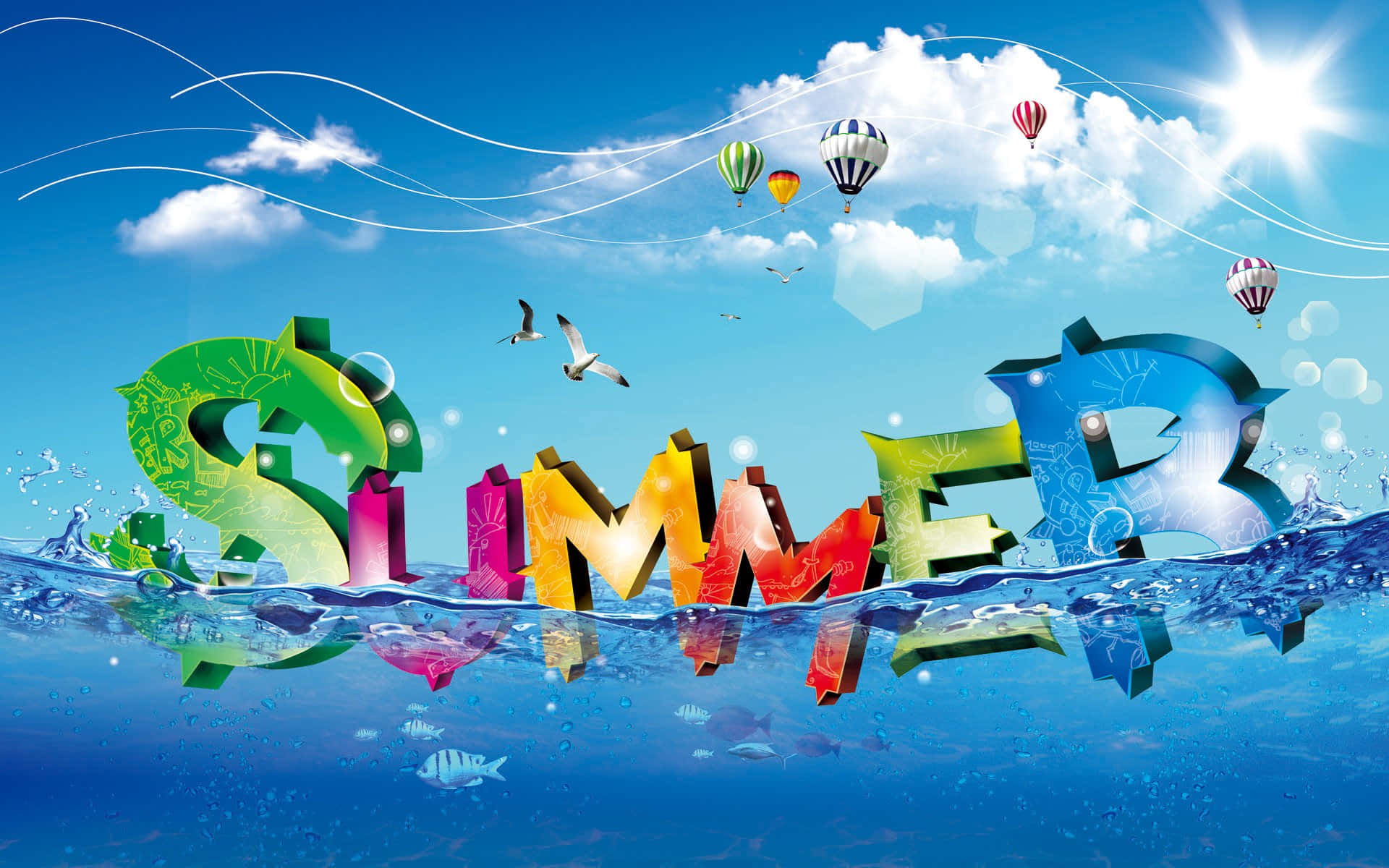 夏天 桌布 壁紙 — 充滿活力的3D夏日字母從閃閃發光的藍色水中浮現，在陽光明媚的天空下，有熱氣球和海鷗。