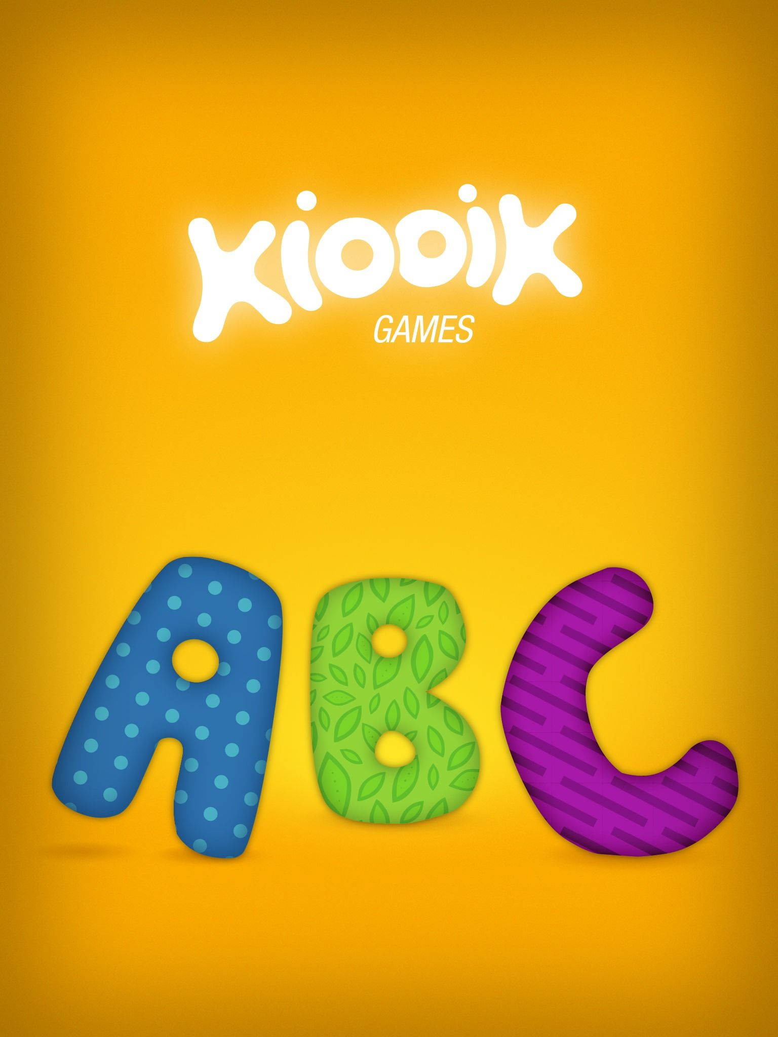 Abc 桌布 壁紙 — 充滿活力的3D字母ABC帶有俏皮圖案，在'Kiooik Games'標誌下的純黃色背景上發光。