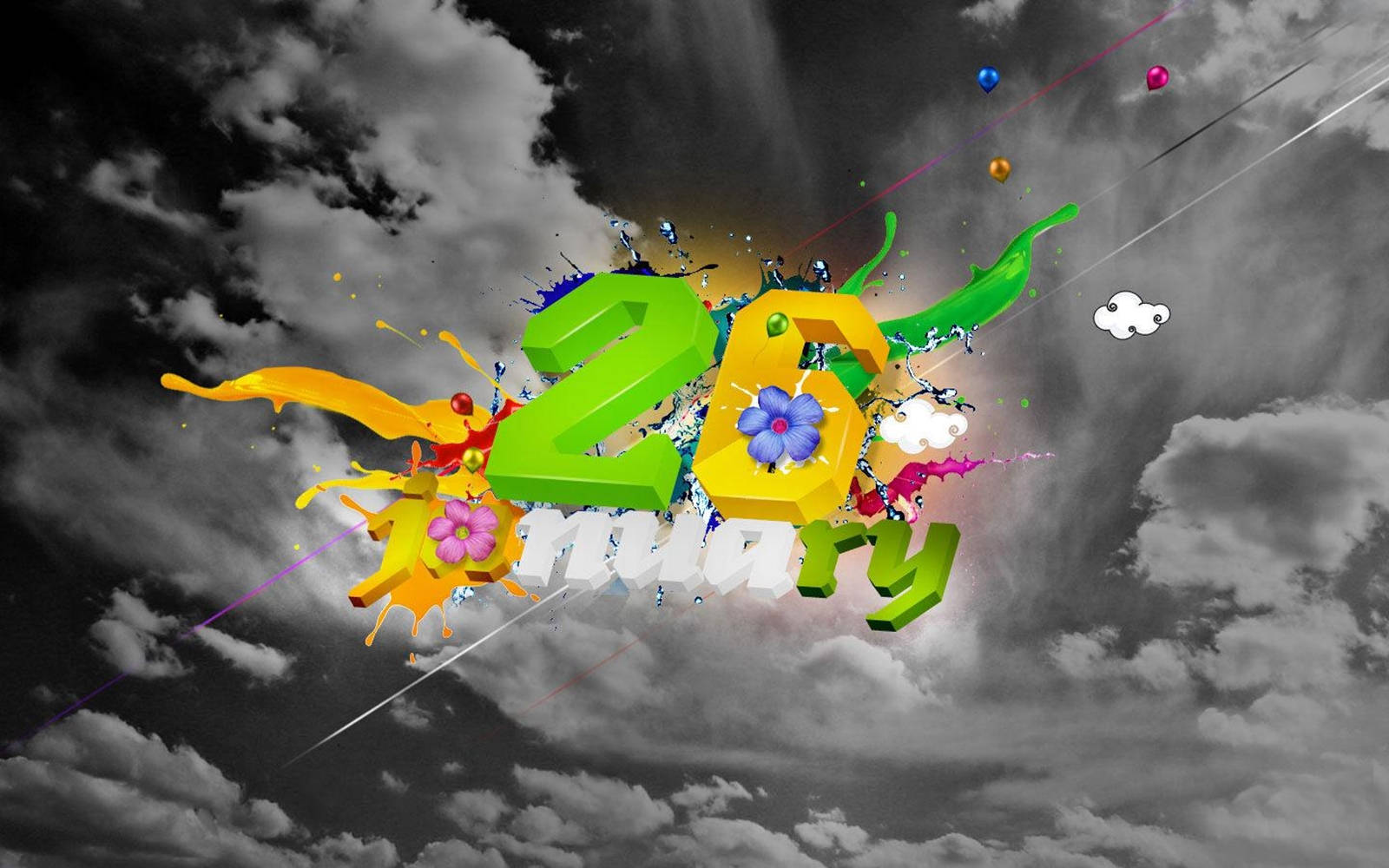 Republic Day 桌布 壁紙 — 充滿活力的3D文字「1月26日」在戲劇性的單色天空背景下爆發出色彩繽紛的油漆飛濺和花朵。
