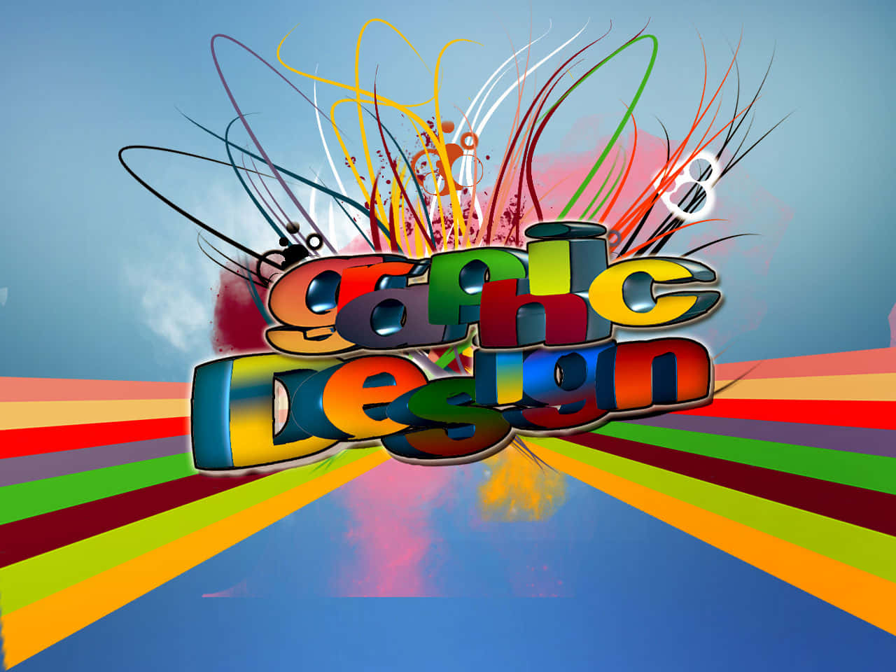 graphic design 桌布 壁紙 — 充滿活力的3D文字圖形設計在藍天背景下爆發出色彩繽紛的條紋和飛濺效果。