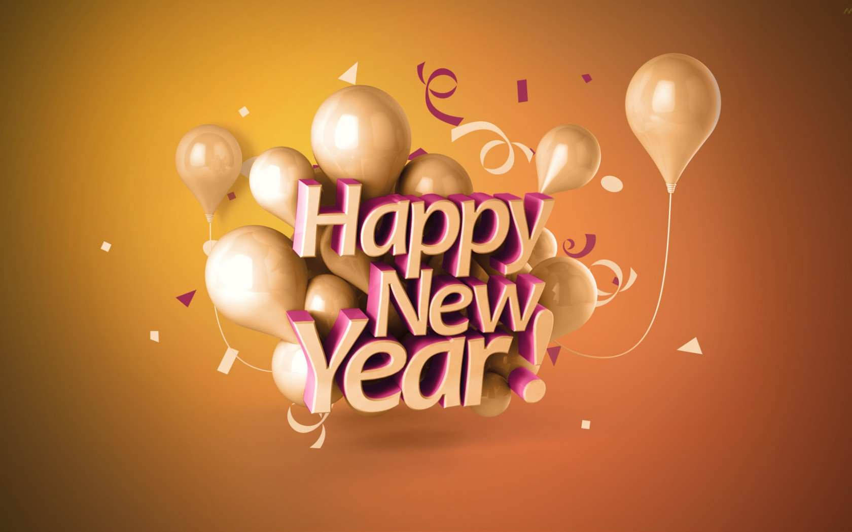 新年快樂 桌布 壁紙 — 充滿活力的3D渲染「Happy New Year!」文字，被金色氣球和五彩紙屑環繞，背景為溫暖漸變色。