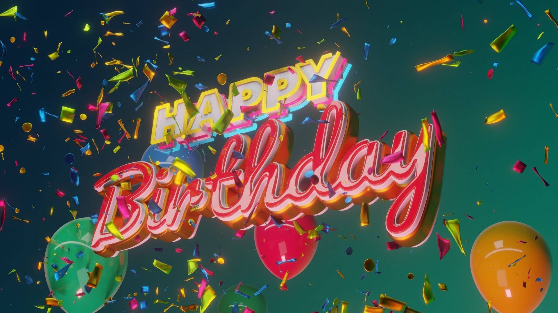 my 桌布 壁紙 — 充滿活力的3D渲染「Happy Birthday」文字，搭配色彩繽紛的紙屑和氣球，漂浮在青綠色背景上。