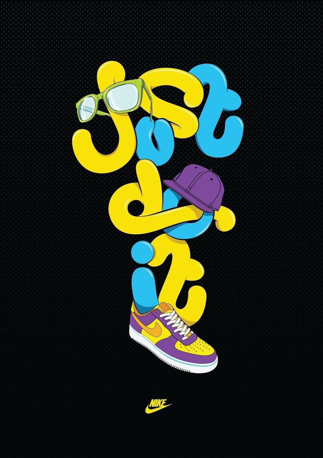 卡通鞋子 桌布 壁紙 — 充滿活力的3D渲染「just do it」文字形成一個戴著眼鏡、帽子和運動鞋的風格化人物，背景為黑色圓點。