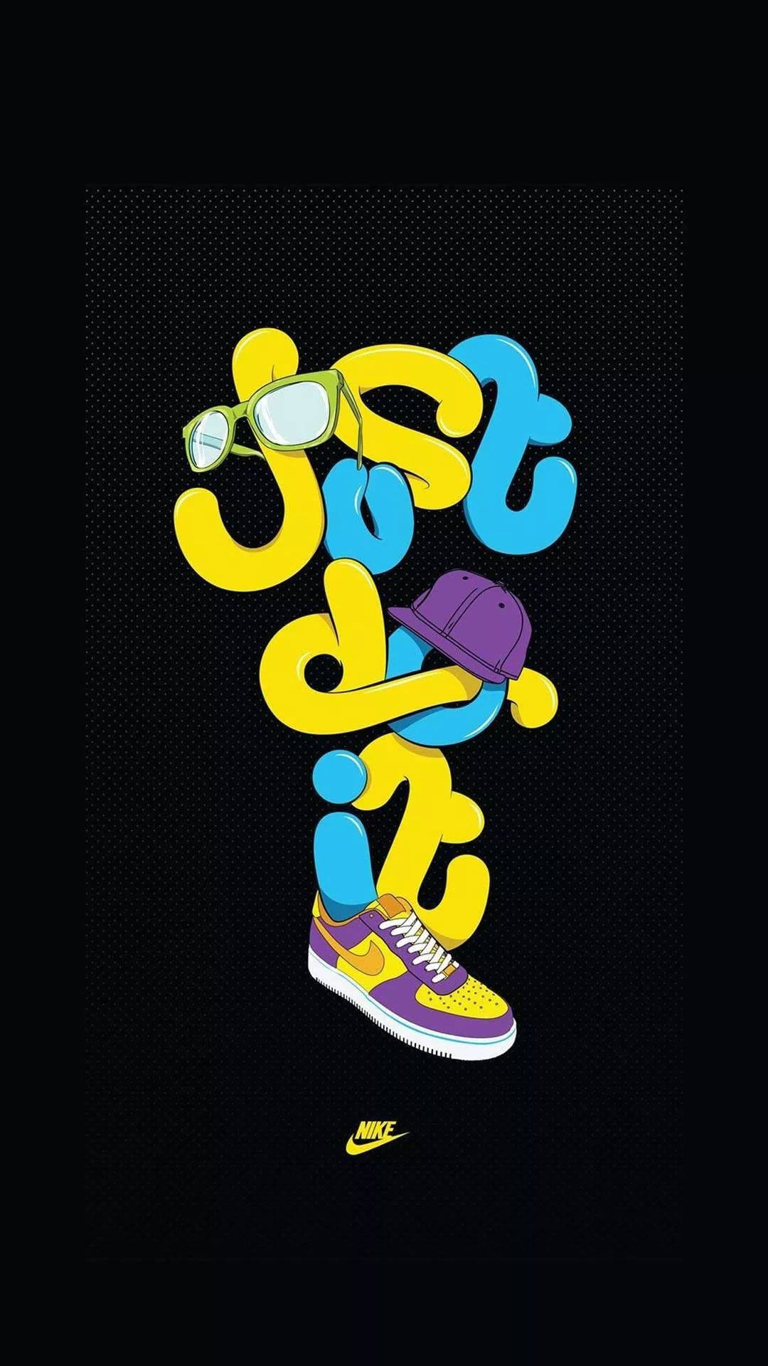 Nike iPhone 桌布 壁紙 — 充滿活力的3D渲染「just do it」標語，設計成一隻戴著眼鏡和帽子的跳舞運動鞋，背景為黑色圓點。