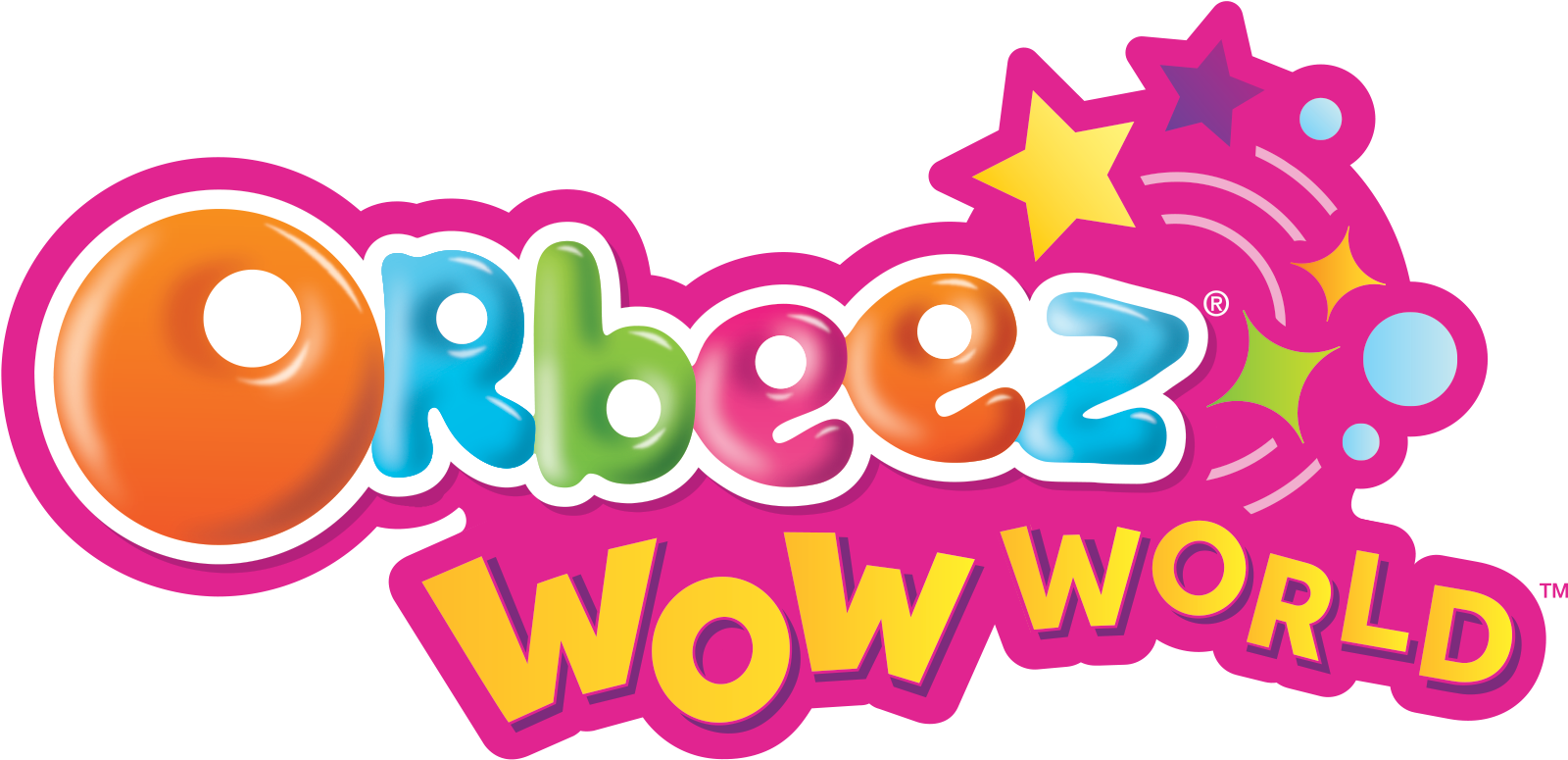 哇 桌布 壁紙 — 充滿活力的3D渲染Orbeez Wow World標誌，帶有彩色光澤字母和俏皮星星，背景為黑色。