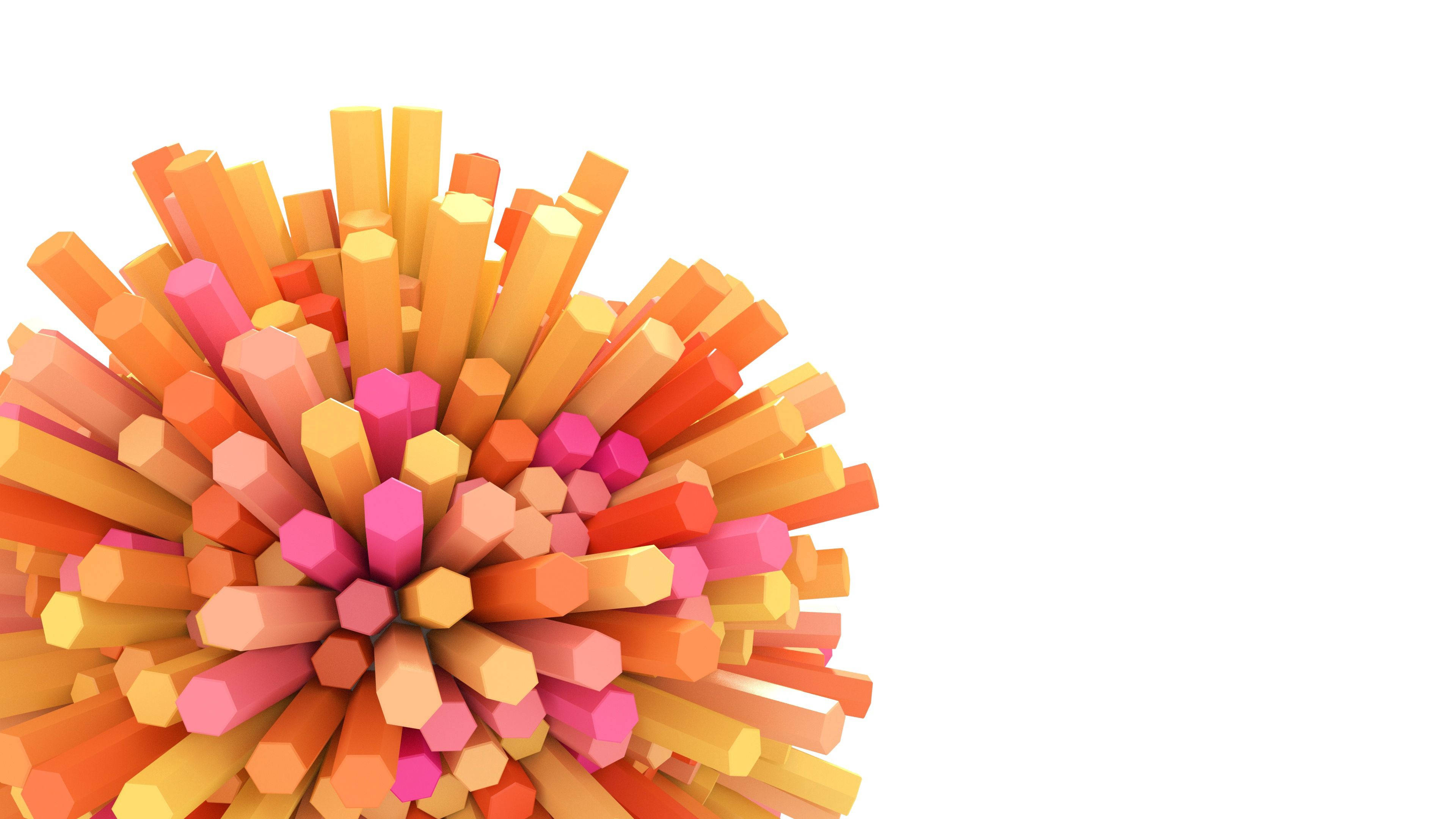 3D 桌布 壁紙 — 充滿活力的3D渲染六角形棒在純白色背景上以放射狀圖案向外爆發。