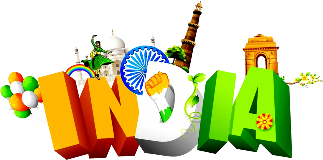 Indian Independence Day 桌布 壁紙 — 充滿活力的3D渲染單詞「INDIA」，飾有國家象徵和地標，背景為黑色。