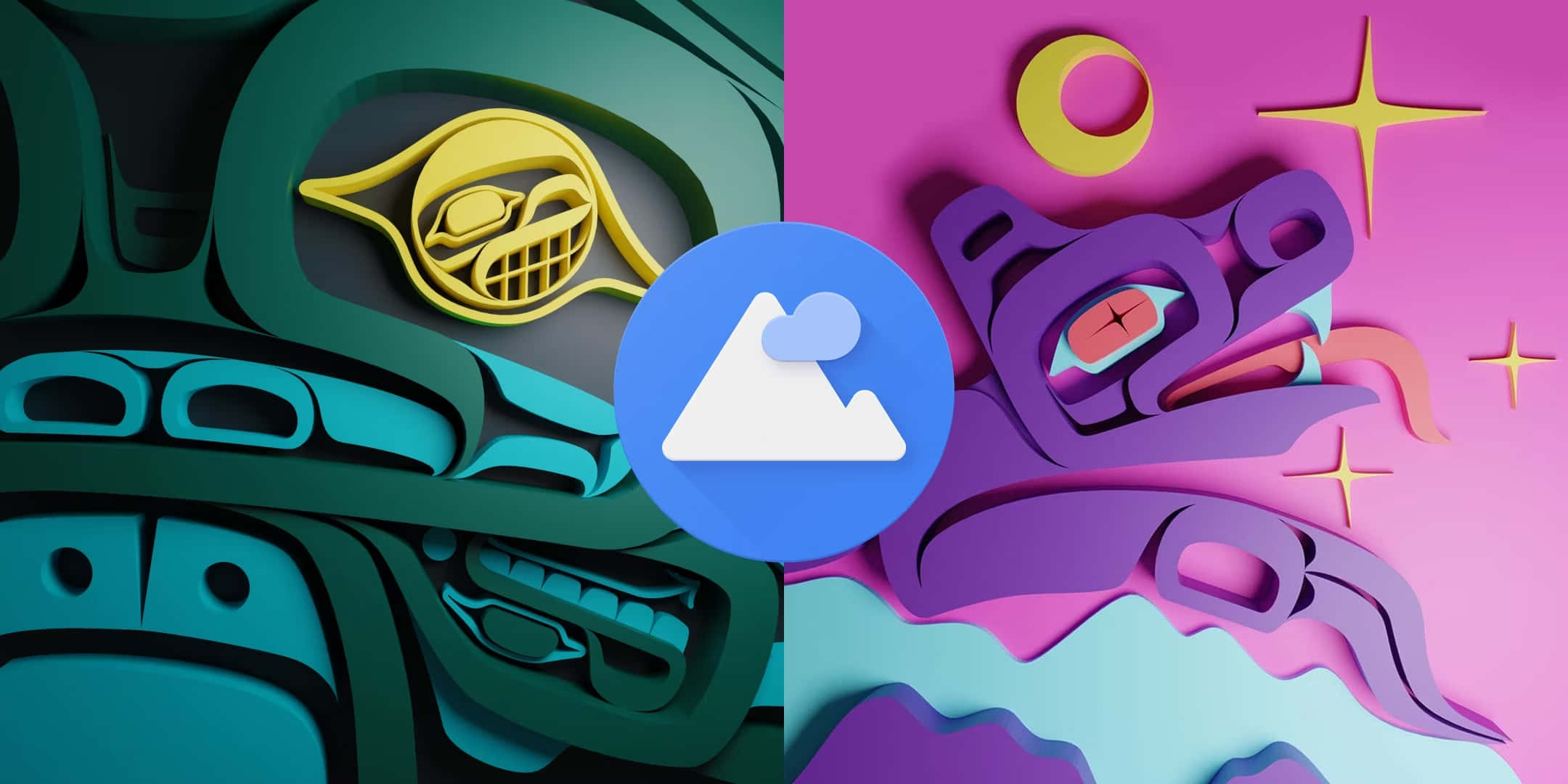 google 桌布 壁紙 — 充滿活力的3D渲染圖騰柱藝術，採用青綠色和紫色，配以黃色點綴和星星形狀，背景為粉紅色。