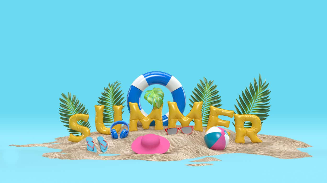 1366x768 桌布 壁紙 — 充滿活力的3D渲染夏日場景，金色字母、沙灘玩具和棕櫚葉在沙島上，背景是清澈的藍天。