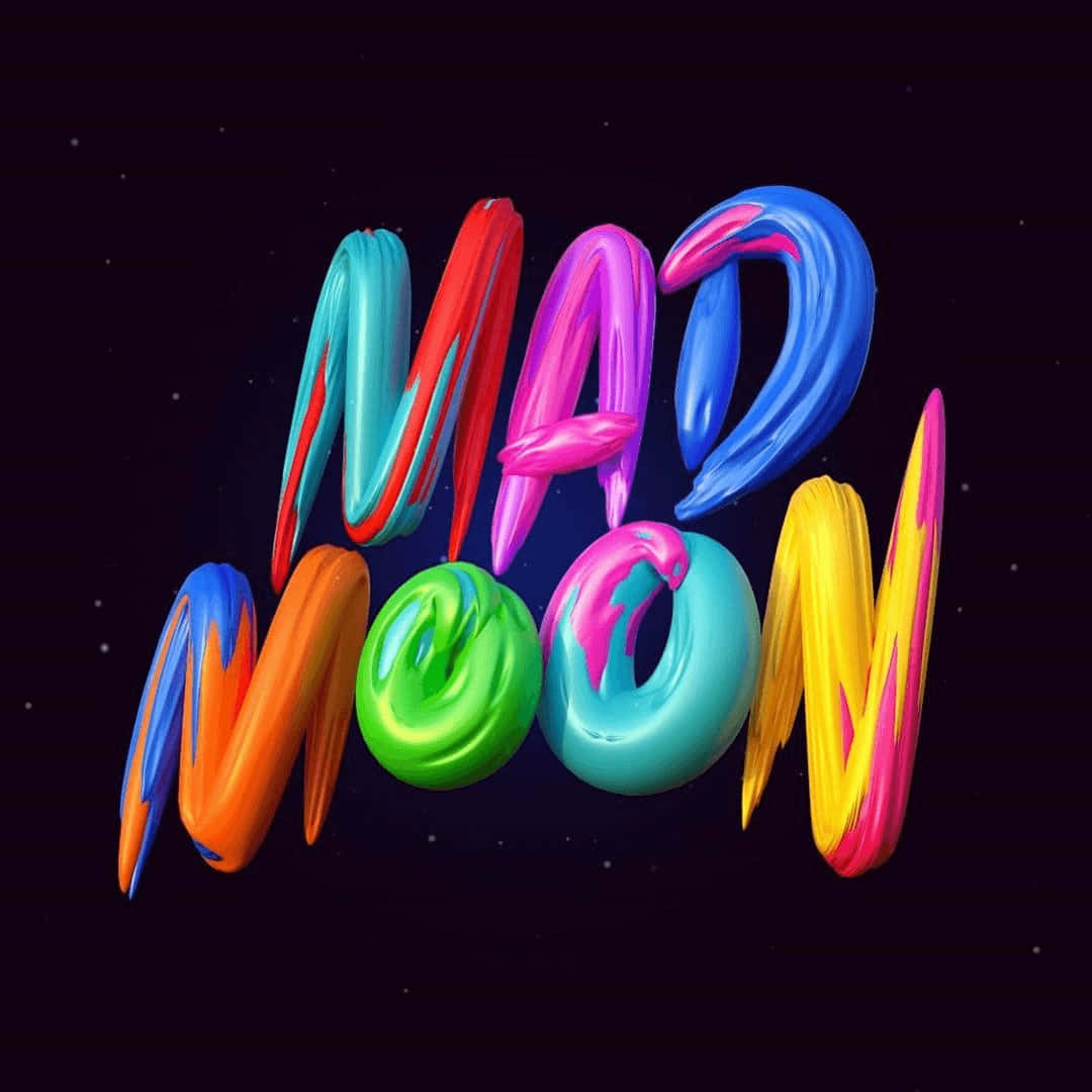 graphic design 桌布 壁紙 — 充滿活力的3D渲染文字「MAD MOON」，帶有光澤的油漆般筆觸，漂浮在星空宇宙背景上。