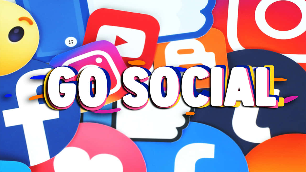 色彩繽紛的社交媒體應用圖示圍繞「GO SOCIAL」短語，帶有故障效果。 — Valorant Logo 壁紙