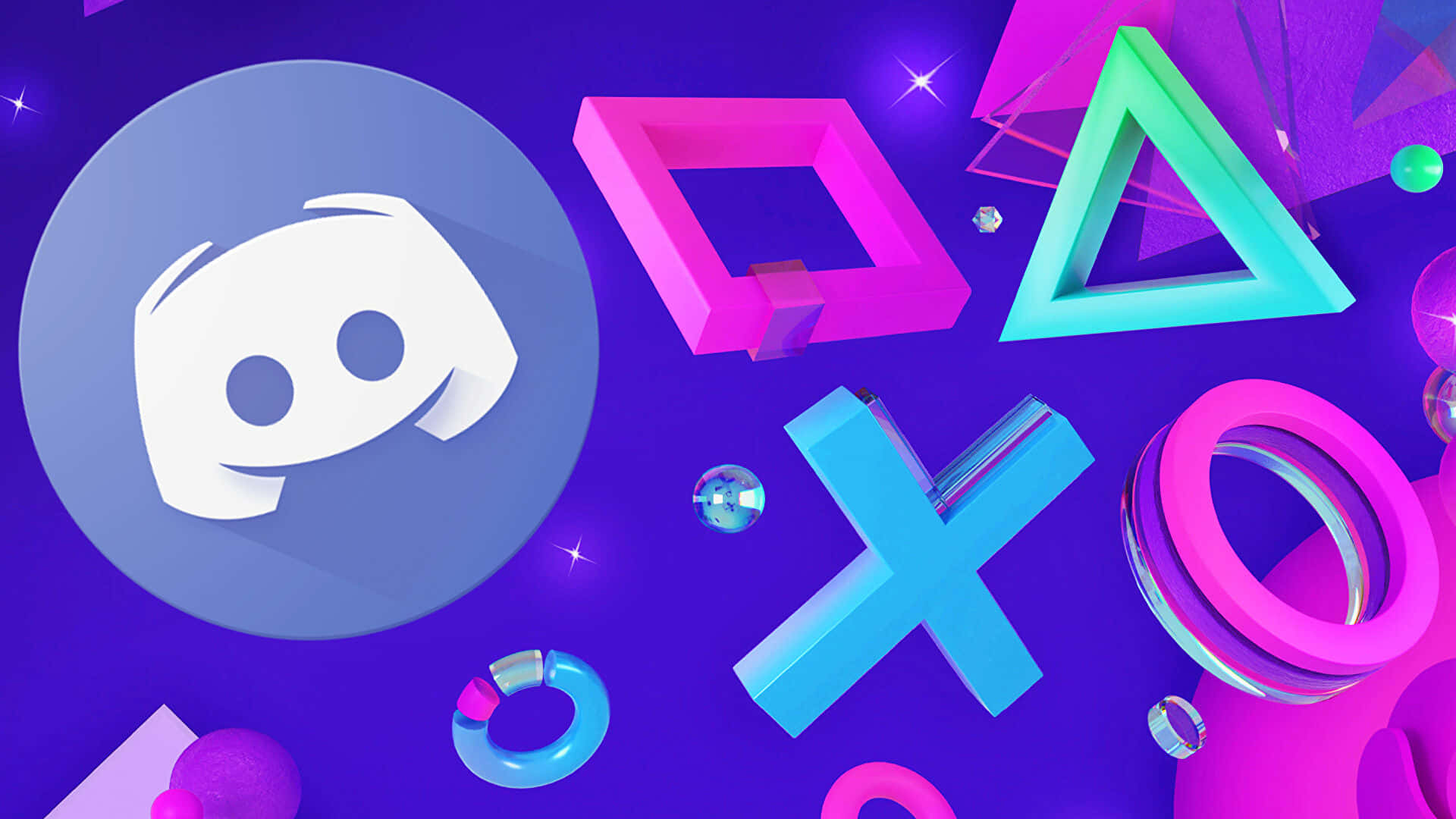 Discord 桌布 壁紙 — 充滿活力的3D渲染遊戲符號漂浮在發光的紫色背景上，伴隨著閃爍的星星。