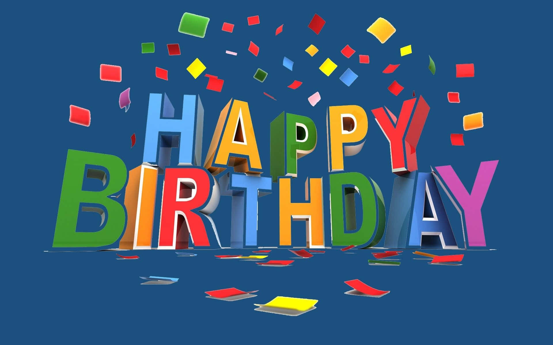 High Resolution Happy Birthday 桌布 壁紙 — 充滿活力的3D生日字母在深藍色背景上爆發出五彩紙屑。