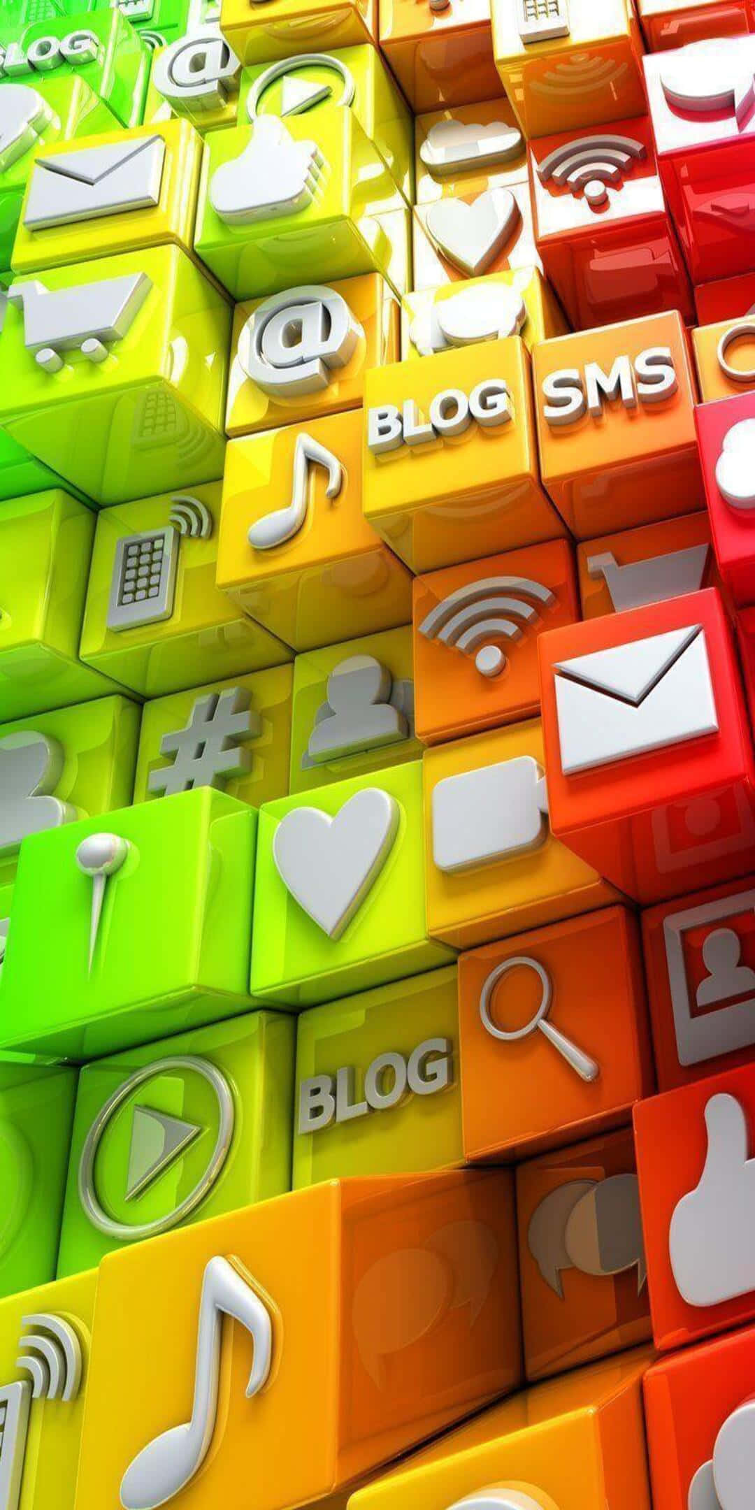 Social 桌布 壁紙 — 充滿活力的3D立方體，採用黃色、橙色、紅色漸變，顯示部落格、簡訊、WiFi和心形符號等數位圖示。