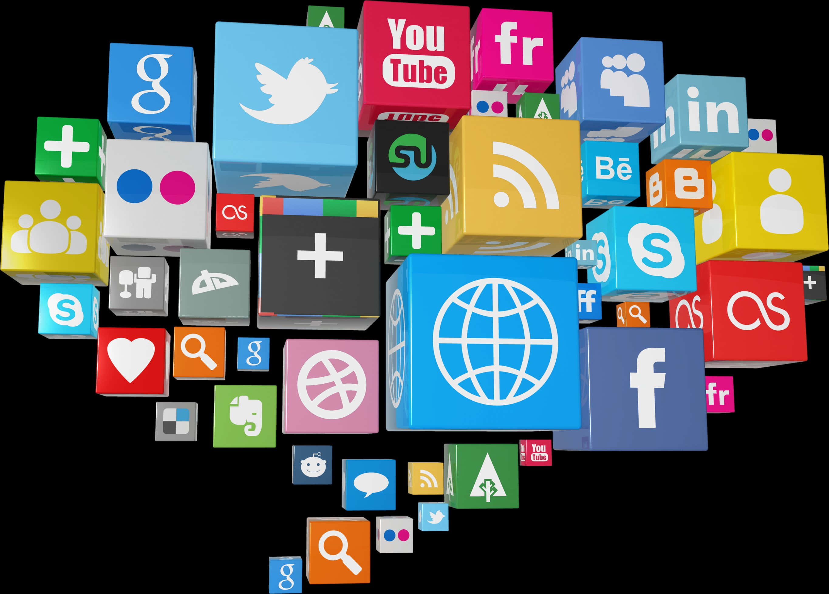 Social Media Logos 桌布 壁紙 — 充滿活力的3D立方體帶有社交媒體和科技標誌，漂浮在黑色背景上。