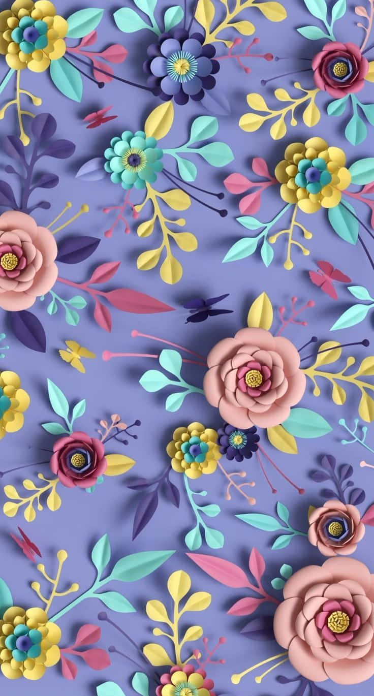 桌布 壁紙 — 充滿活力的3D紙藝花朵，以粉紅、黃色和藍綠色在柔和的紫色背景上綻放。