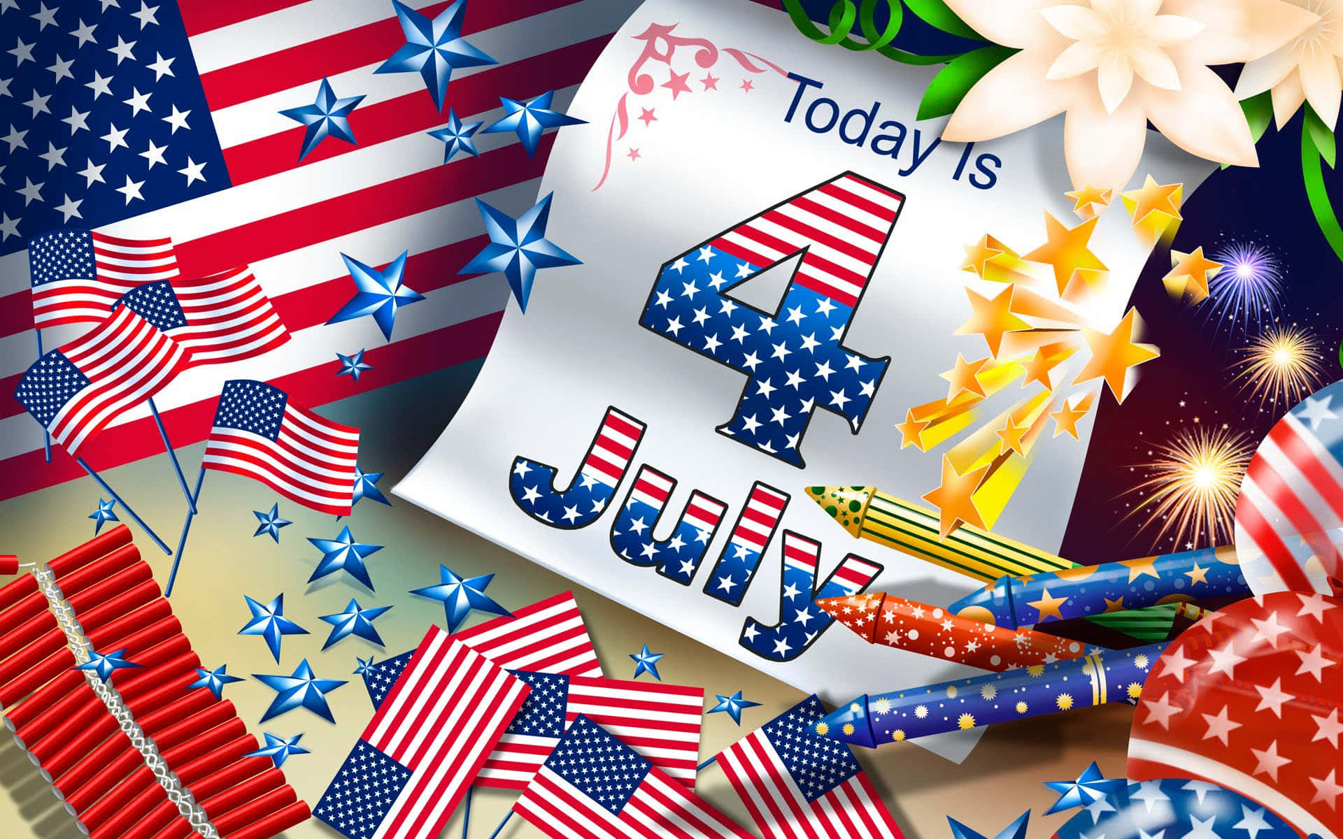 Happy Fourth Of July 桌布 壁紙 — 充滿活力的7月4日慶祝活動，煙火、星星、旗幟和愛國裝飾綻放出紅、白、藍色。