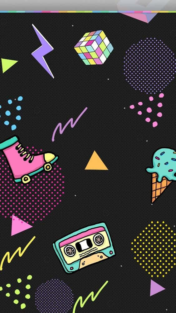 80s iPhone 桌布 壁紙 — 充滿活力的80年代復古圖標，如溜冰鞋、卡式錄音帶和冰淇淋漂浮，在黑色背景上搭配霓虹幾何形狀。