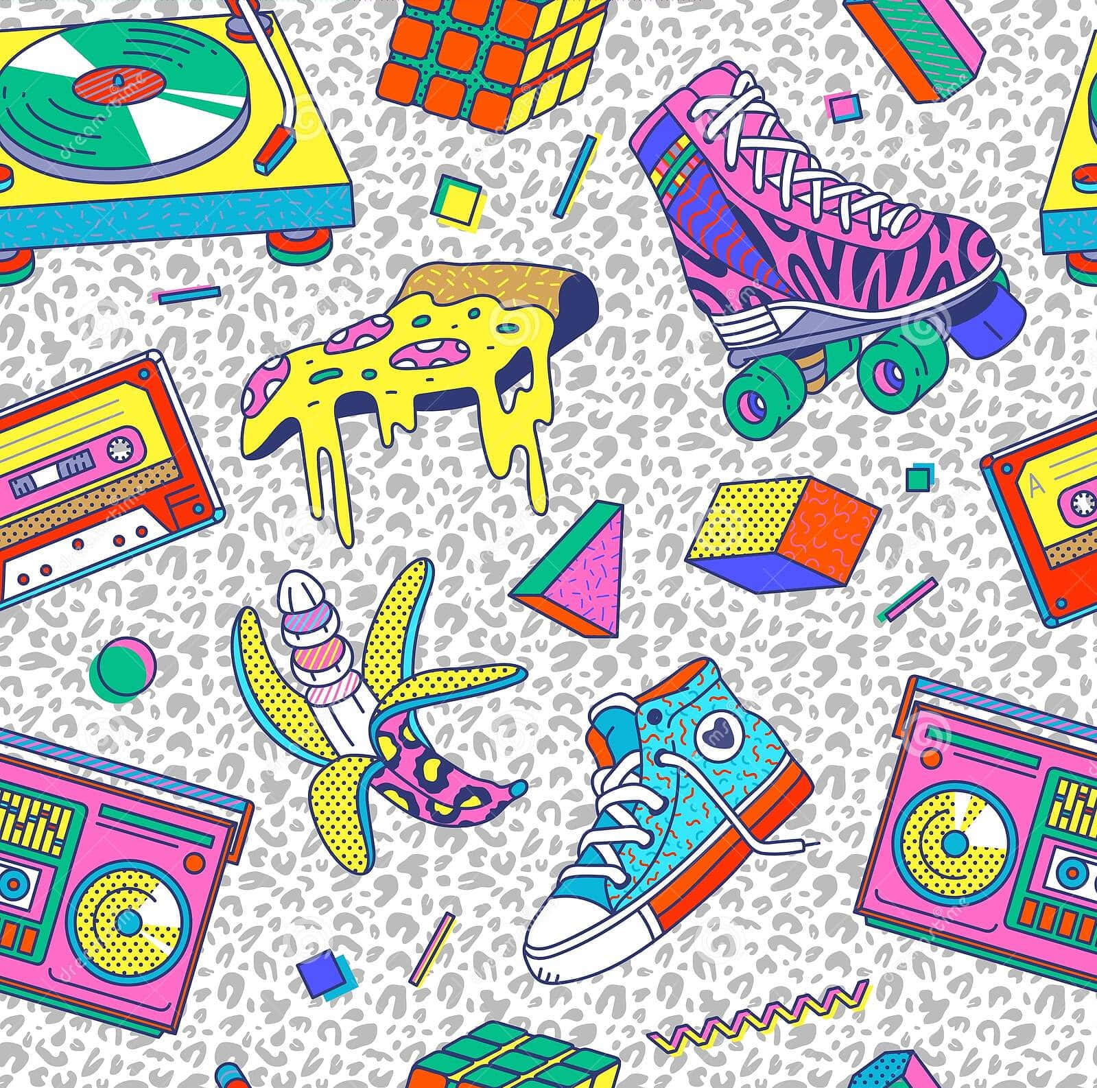 90s Style 桌布 壁紙 — 充滿活力的80年代復古物品，如溜冰鞋、手提音響和魔術方塊，漂浮在豹紋背景上。