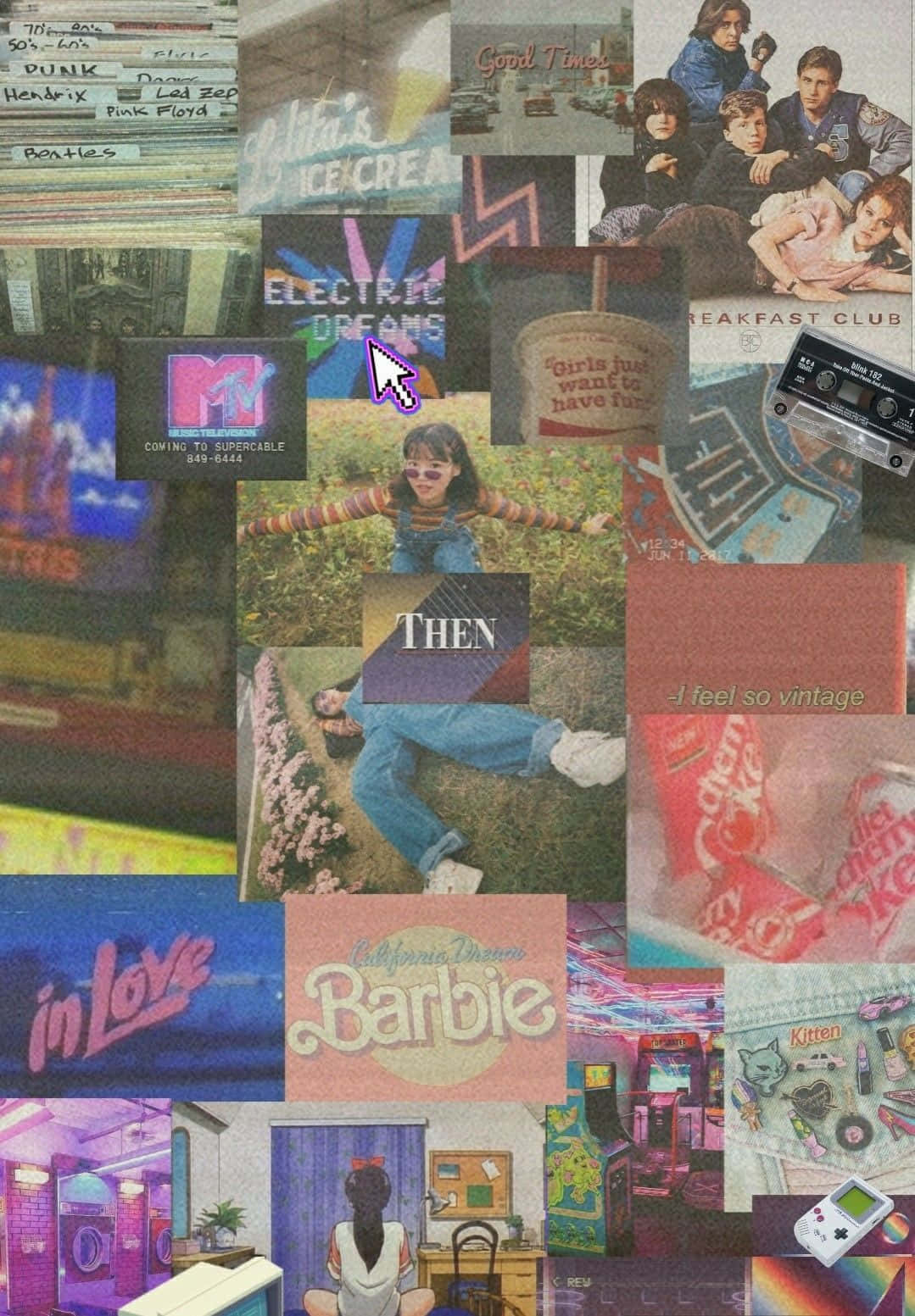 桌布 壁紙 — 充滿活力的80年代流行文化圖標拼貼畫，包括MTV標誌、卡式錄音帶和標誌性電影海報。