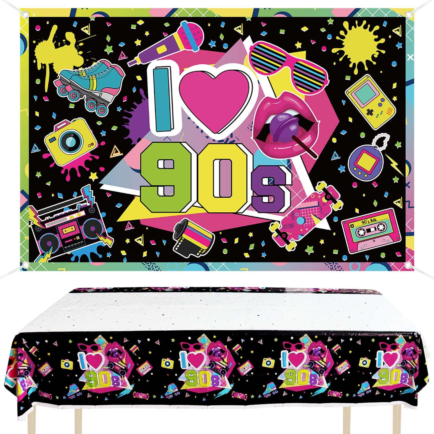 90s Theme 桌布 壁紙 — 充滿活力的90年代主題派對背景和桌布，黑色背景上帶有霓虹燈圖標，如手提音箱卡式錄音帶和溜冰鞋。