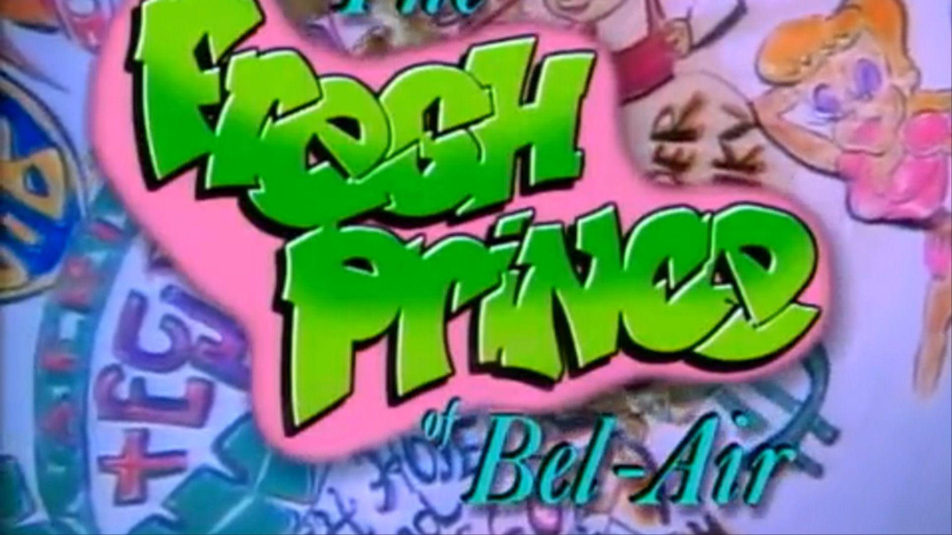 fresh prince 桌布 壁紙 — 充滿活力的90年代卡通標題卡，用於《新鮮王子妙事多》，帶有粗體綠色文字和彩色角色塗鴉。