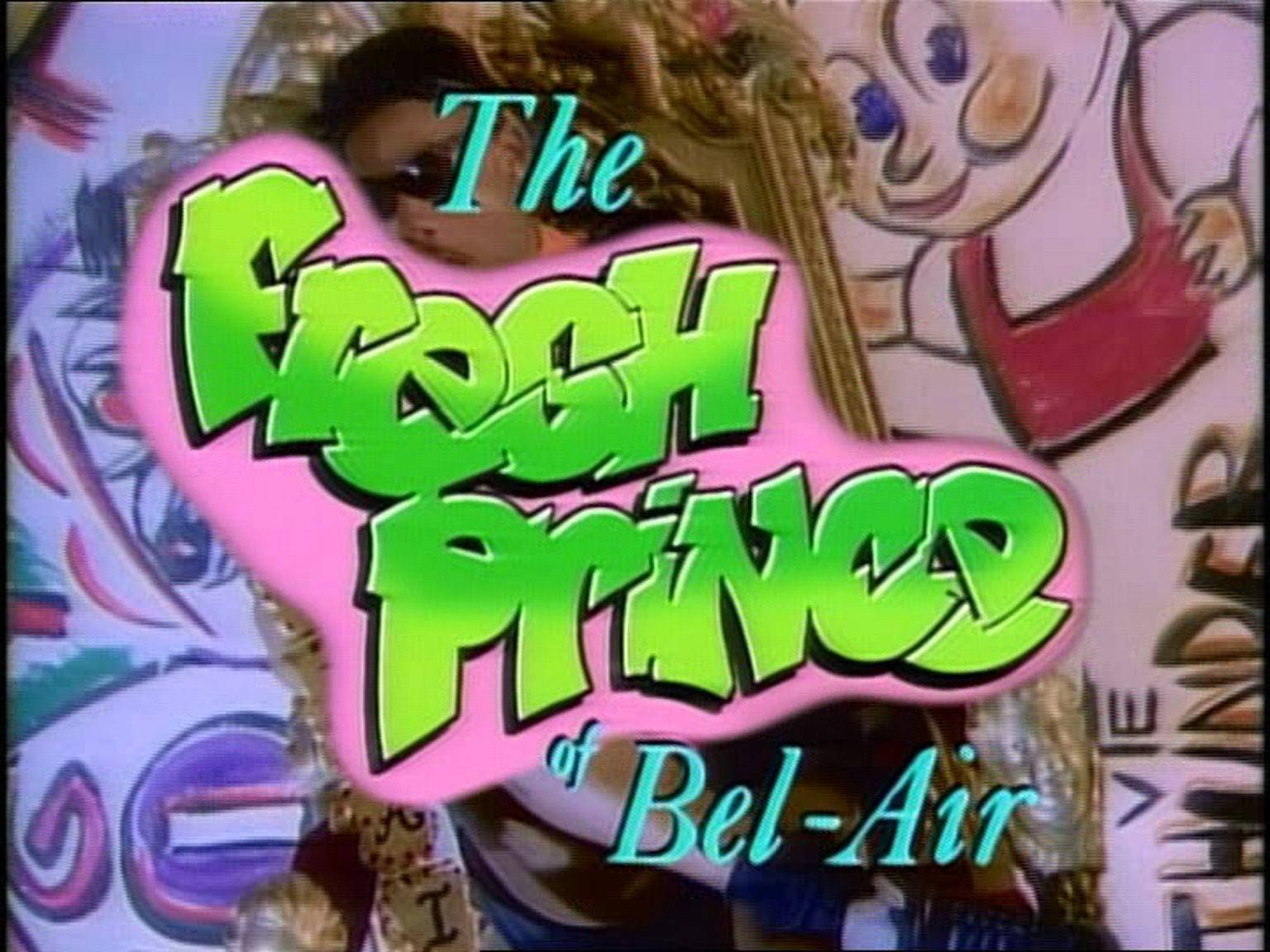 fresh prince 桌布 壁紙 — 充滿活力的90年代卡通風格標題卡，用於《新鮮王子妙事多》，帶有粗體綠色文字和色彩繽紛的動畫角色。
