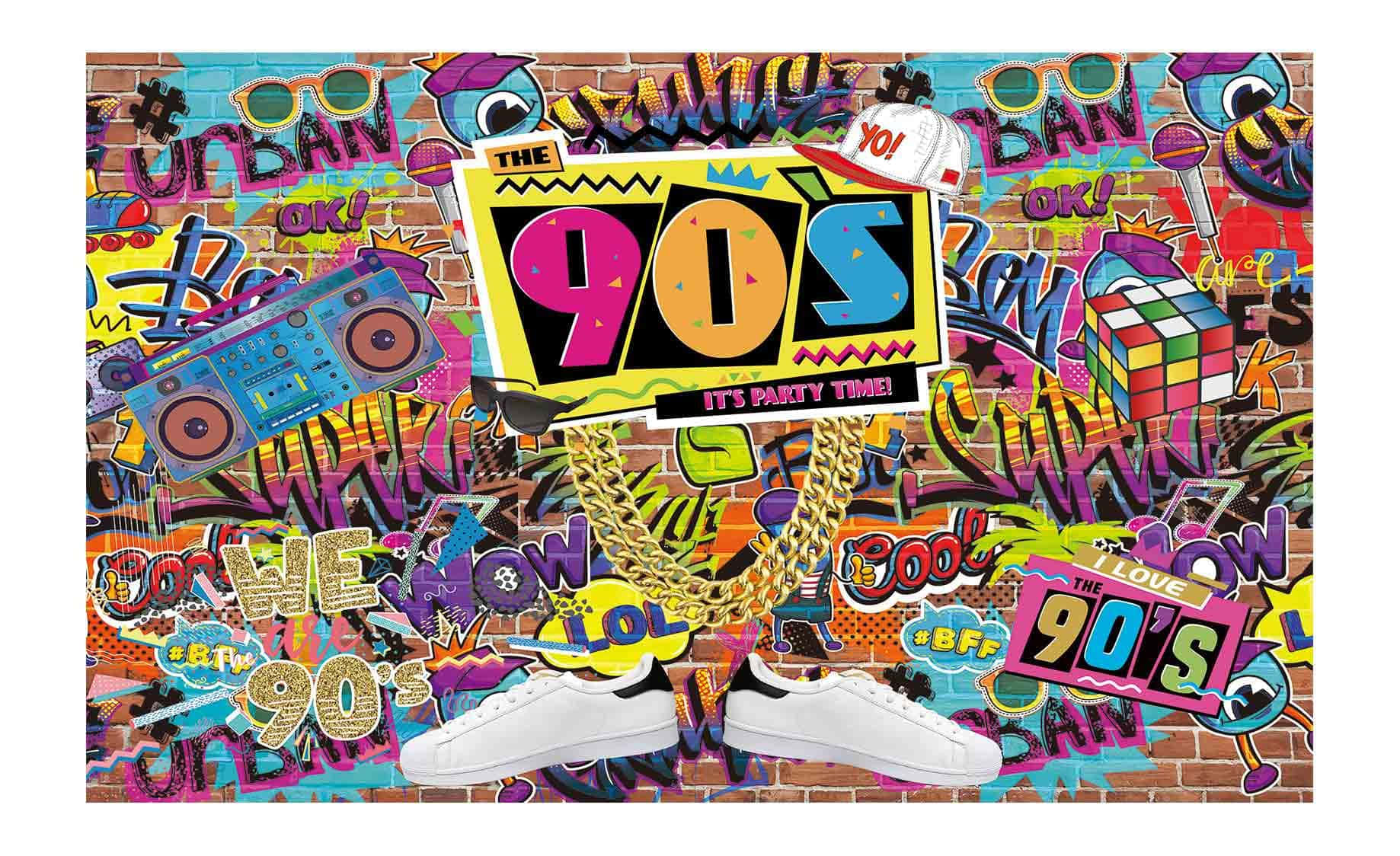 Retro 90s 桌布 壁紙 — 充滿活力的90年代塗鴉牆，佈滿手提音響、運動鞋、魔術方塊和霓虹文字，慶祝復古派對文化。