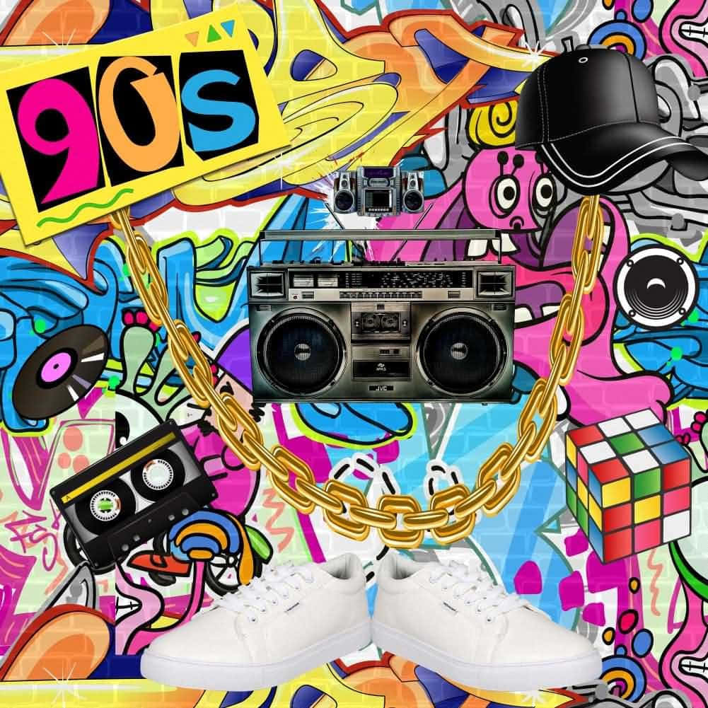 90年代 桌布 壁紙 — 充滿活力的90年代塗鴉牆，佈滿手提音響、卡式錄音帶、運動鞋和魔術方塊，對比霓虹混亂。